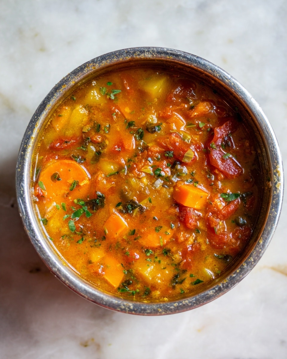 The image shows a close-up of a pot filled with a thick stew. The stew has many colorful pieces, including orange slices of carrot, yellow chunks of potatoes, and red tomato pieces. Small green herbs are sprinkled on top, adding spots of fresh color. The liquid is a warm, orange-brown color, thick and glossy. The pot is metal with a slightly worn rim, contrasting with the bright stew inside. This pot is placed on a white marbled surface. photo taken with an iphone --ar 4:5 --v 7