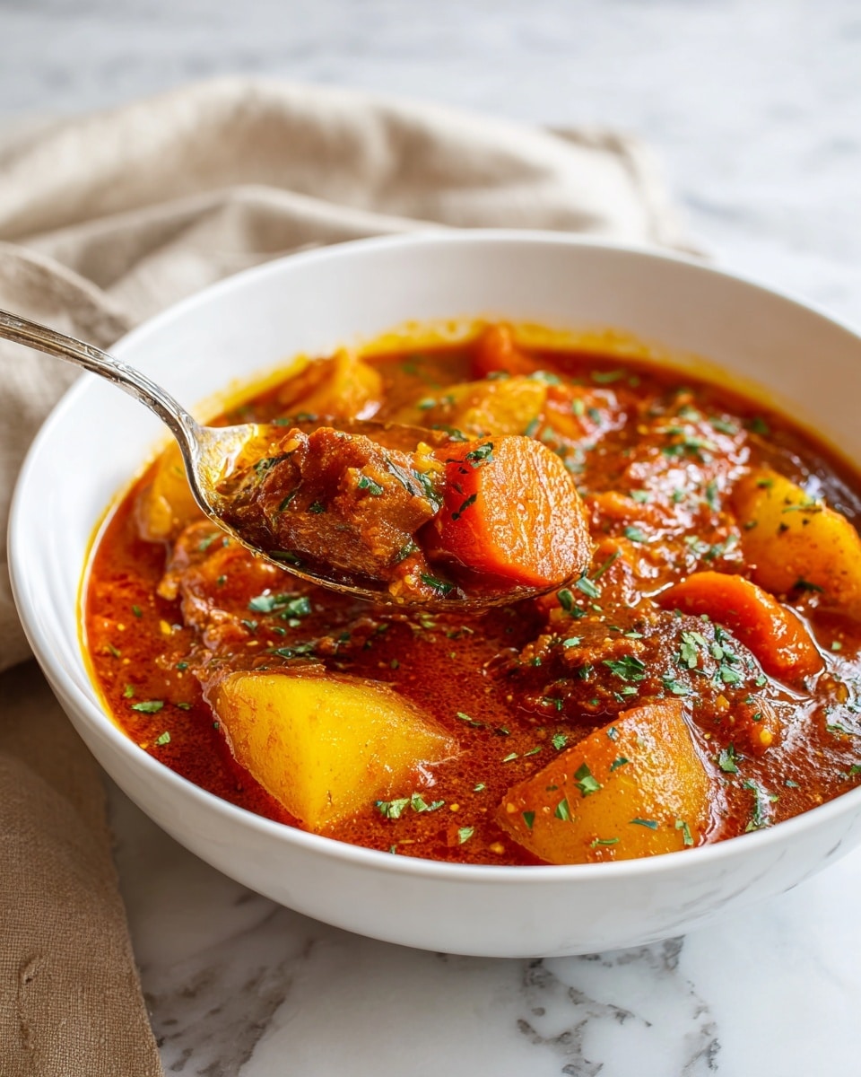 A white bowl filled with thick vegetable stew, showing layers of soft carrot slices in bright orange, chunks of yellow potatoes, and small pieces of green herbs sprinkled on top. The stew is rich and saucy with a shiny, slightly chunky texture, mostly a deep orange color with some red hints from the tomato base. A spoon inside the bowl holds a scoop of the stew, with visible layers of vegetables and sauce. The bowl sits on a white marbled surface with a beige cloth in the background. Photo taken with an iphone --ar 4:5 --v 7