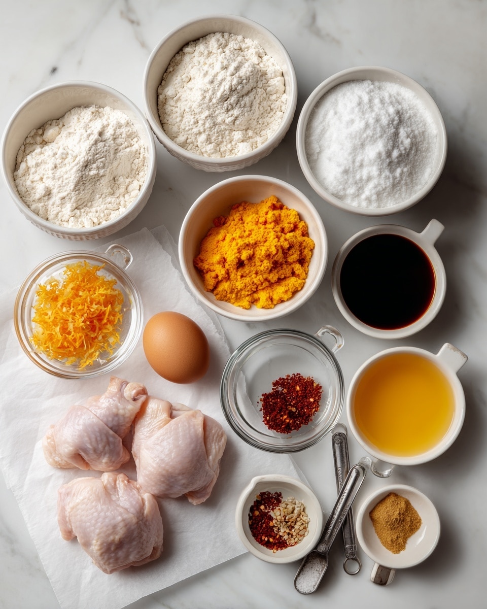 The image shows three raw chicken pieces placed on a white parchment paper sheet laid on a white marbled surface at the bottom. Above them is a collection of white bowls and metal measuring cups filled with different cooking ingredients, all neatly arranged. There are three white bowls filled with white flour, powdered cornstarch, and more cornstarch. Small clear glass bowls contain finely grated ginger, minced garlic, and bright orange shredded orange zest. White ceramic bowls hold golden-orange orange juice and dark soy sauce. Metal measuring spoons contain salt, baking powder, sesame oil, chili flakes, vinegar, and soy sauce. A brown egg is placed near the cornstarch bowl. The overall arrangement is clean, organized, and colorful, with labels on each ingredient. Photo taken with an iphone --ar 4:5 --v 7
