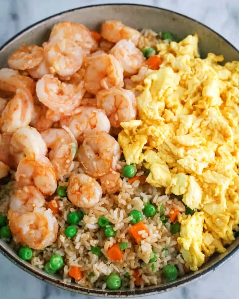 The dish is shown in a bowl filled with three main layers. The bottom layer is light brown fried rice mixed with small orange carrot cubes and green peas spread evenly. On top to the right side, there is a soft, fluffy pile of scrambled eggs that is bright yellow and looks slightly creamy. To the left, there is a pile of cooked shrimp that is pinkish-orange with white parts, placed close together over the rice. The bowl sits on a white marbled surface. photo taken with an iphone --ar 4:5 --v 7