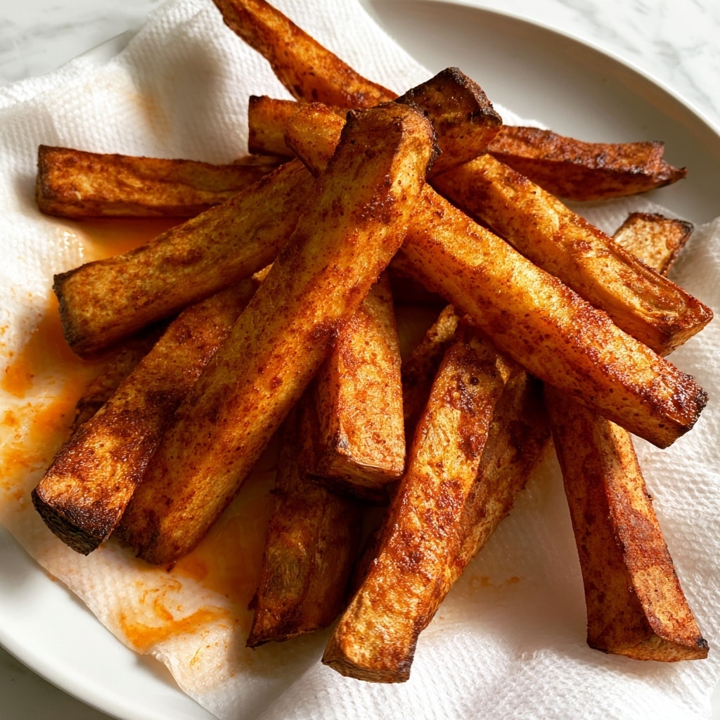 A pile of about ten deep golden-brown rectangular fries coated evenly with reddish seasoning on a white plate, sitting partly on white paper towel that absorbs orange oil underneath. The fries have a rough crispy texture and some darker spots from cooking. The plate rests on a white marbled surface. Photo taken with an iphone --ar 4:5 --v 7