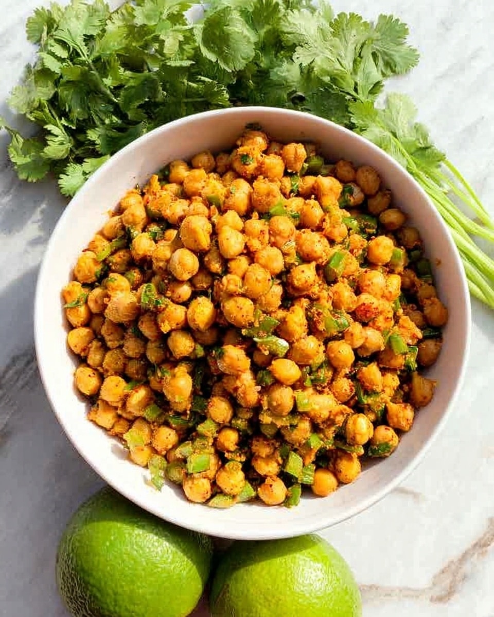 A white bowl filled with a mix of roasted chickpeas and corn kernels, both showing golden brown roasted spots. Mixed in are small green pieces of jalapeño and bits of cilantro leaves scattered through the dish. The bowl rests on a white marbled surface with a bunch of green cilantro leaves to the side. The textures show the firmness of the chickpeas and crispness of corn with fresh herbs adding a touch of green. photo taken with an iphone --ar 4:5 --v 7