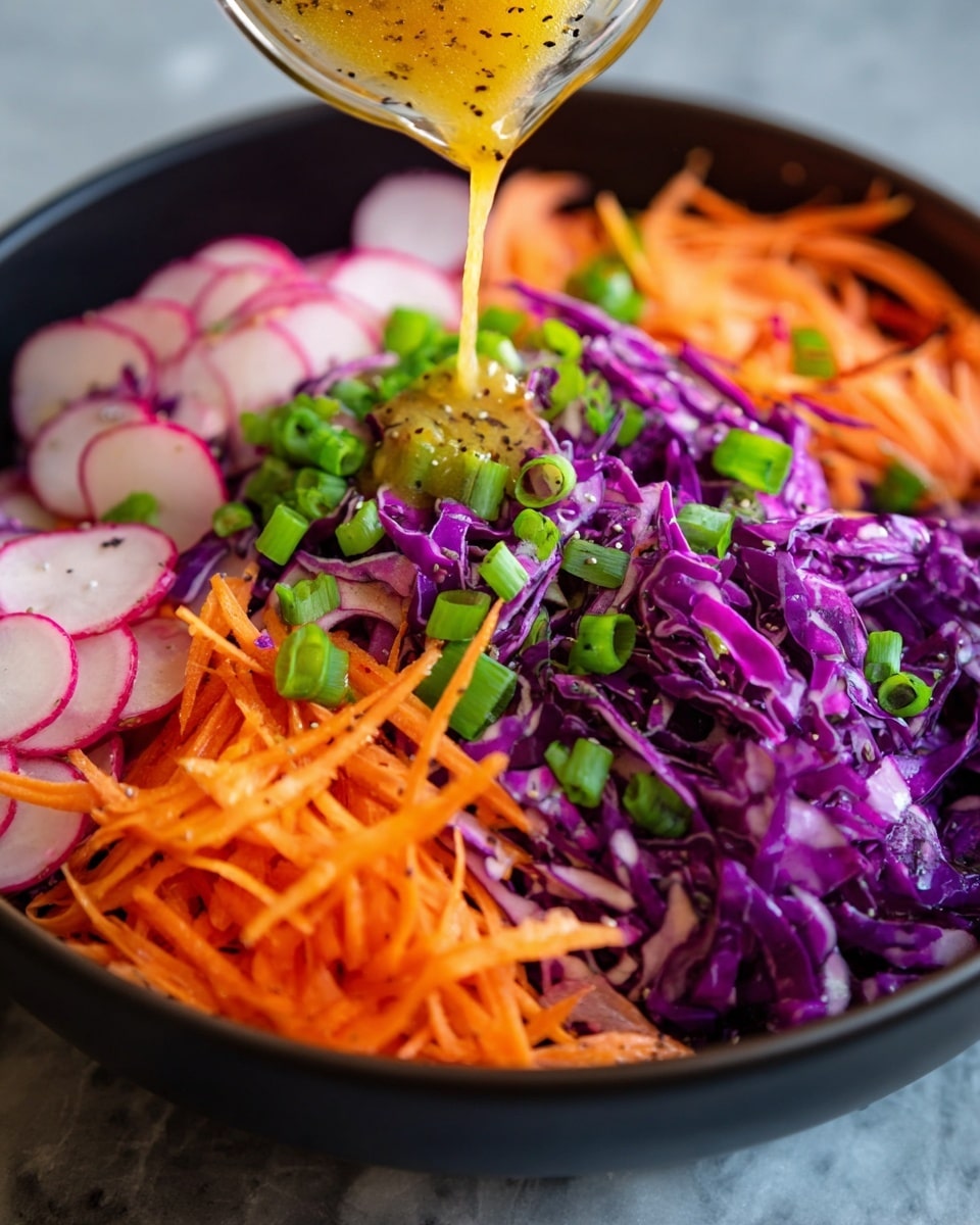 The image shows a close-up of a colorful salad in a white bowl on a white marbled surface. The salad has several layers starting with thin slices of purple cabbage at the bottom, topped with thin orange carrot strips scattered all over. There are thin radish slices with white centers and red edges spread through the salad. Small chopped green onions are sprinkled across the top, along with black and white sesame seeds. Two wooden salad spoons are partly in the bowl, lifting some of the salad, giving texture and depth to the image. Photo taken with an iphone --ar 4:5 --v 7