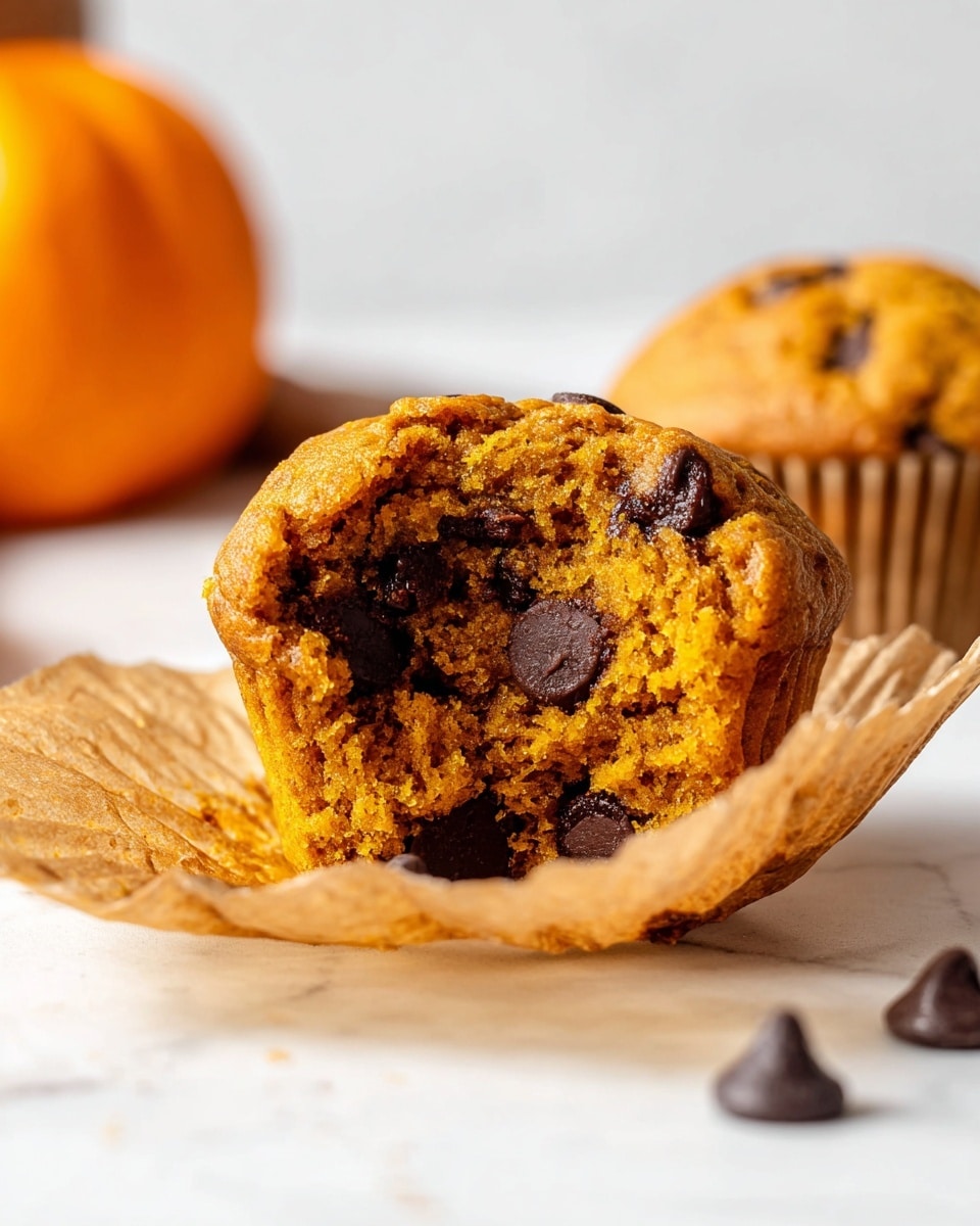 A close-up view of an open pumpkin muffin, showing its soft, moist, orange-brown inside filled with dark chocolate chips scattered throughout. The muffin is partly wrapped in a crinkled light brown paper liner spread out on a white marbled surface. In the blurred background, there is an unopened muffin with a similar color, and a light orange pumpkin adding a seasonal touch. A few loose chocolate chips are also visible on the surface near the front of the muffin. The photo has bright lighting and a clean, simple look. photo taken with an iphone --ar 4:5 --v 7