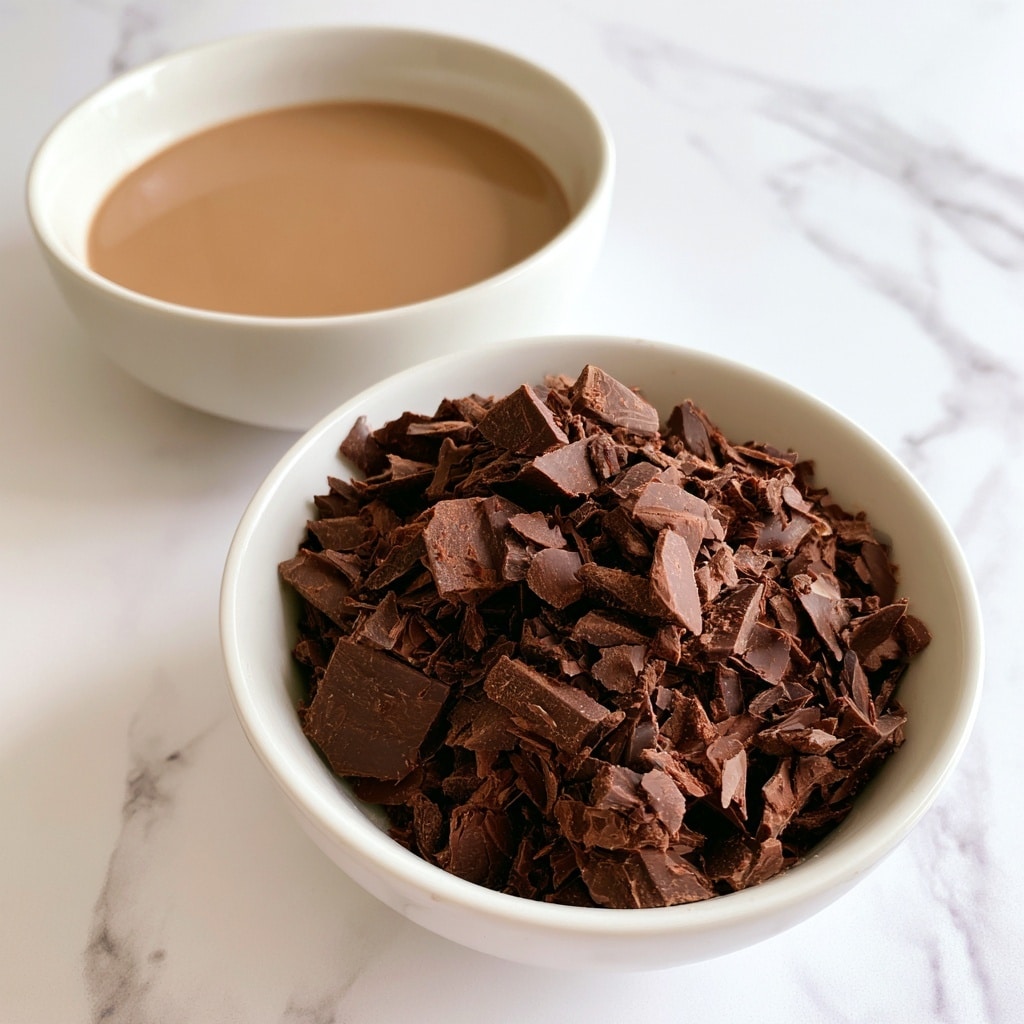 Two white bowls sit on a white marbled surface, the one closer to the camera is filled with dark brown chocolate shavings with a rough texture piled high. The bowl further back holds a smooth, light brown liquid or sauce, filling the bowl evenly. The scene is bright and clean, focusing on the contrast between the chunky chocolate and the smooth sauce. photo taken with an iphone --ar 4:5 --v 7