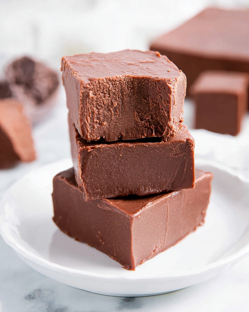 There are three thick blocks of chocolate fudge stacked on top of each other on a white marbled surface. The fudge has a smooth and creamy texture with a rich dark brown color, with the top block showing slight rough edges and a soft, velvety look. The bottom block has a glossy finish, and a small piece is placed on the right side. The background is softly blurred, keeping the focus on the fudge's dense, rich texture photo taken with an iphone --ar 4:5 --v 7