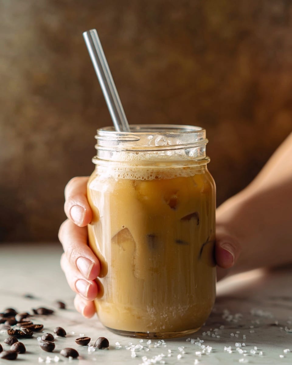 A clear glass jar filled with light brown iced coffee, showing ice cubes floating inside the creamy liquid. The top layer has a light frothy foam with small bubbles. A transparent straw stands straight up in the jar. A woman's hand gently holds the jar from the left side with fingers wrapped loosely around it. The background is soft and blurry with a warm tone, while the surface is a white marbled texture with scattered white salt flakes and dark brown coffee beans. Photo taken with an iphone --ar 4:5 --v 7