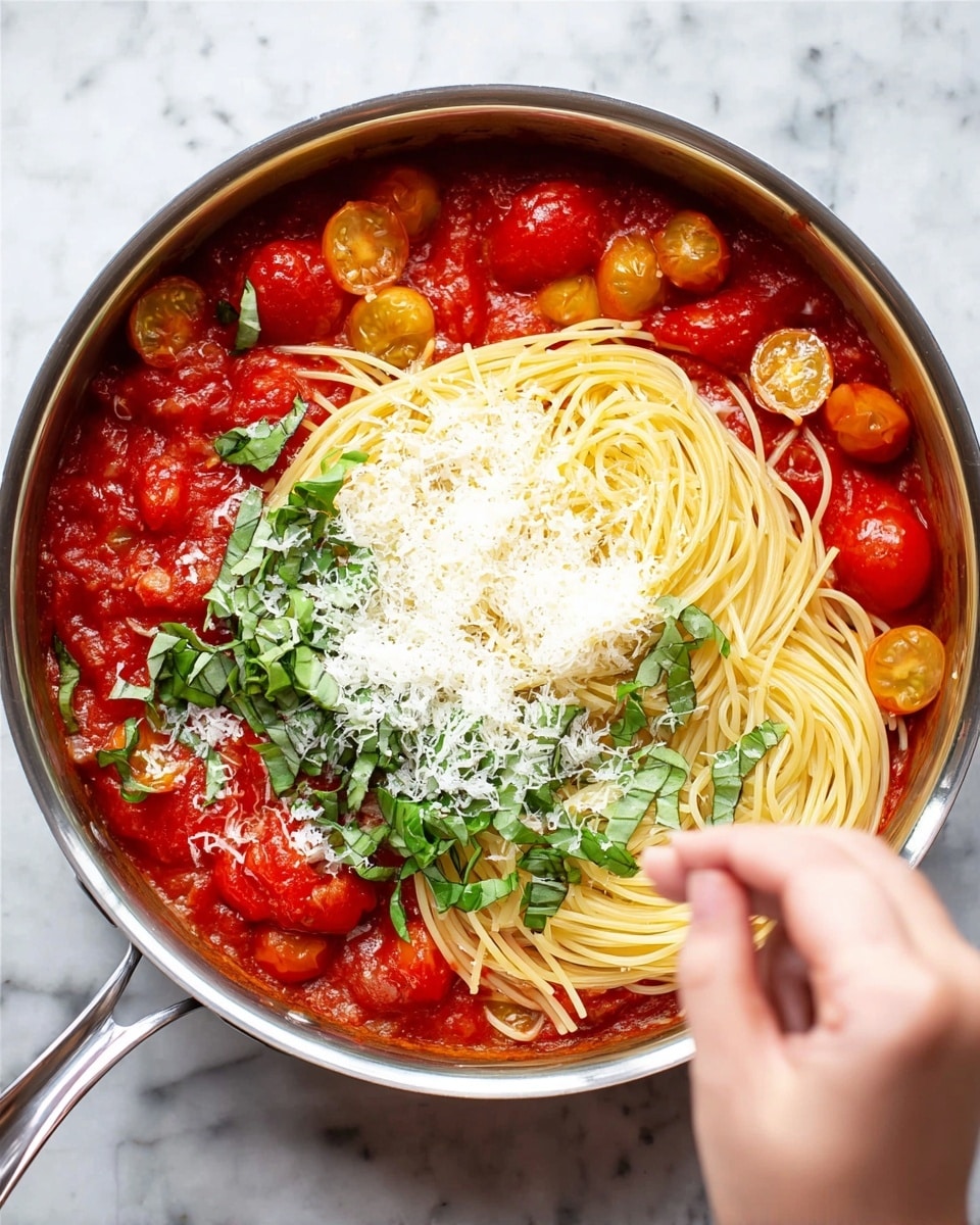 A shiny metal pan filled with three main layers: the bottom layer is bright red chunky tomato sauce with whole and sliced cherry tomatoes, the middle layer is a nest of pale yellow spaghetti noodles placed in the center, and the top layer features fresh green basil leaves scattered over the noodles. A woman's hand is in the act of sprinkling grated white cheese over the basil and noodles. The pan sits on a white marbled surface. Photo taken with an iphone --ar 4:5 --v 7