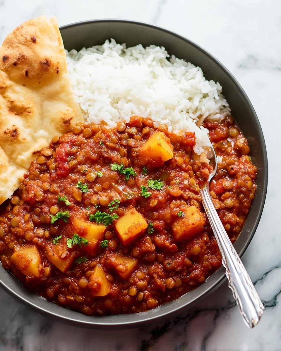 In a white bowl on a white marbled surface, there is a three-part meal: on the right side, a pile of fluffy white rice; next to it, a rich, chunky stew with pieces of potato and lentils covered in a thick reddish-orange sauce with small green herb bits; and on the left, a piece of soft flatbread leaning against the stew. A shiny silver spoon is partially dipped into the stew in the foreground. The photo is clear and bright, showing the different textures and colors closely. Photo taken with an iphone --ar 4:5 --v 7