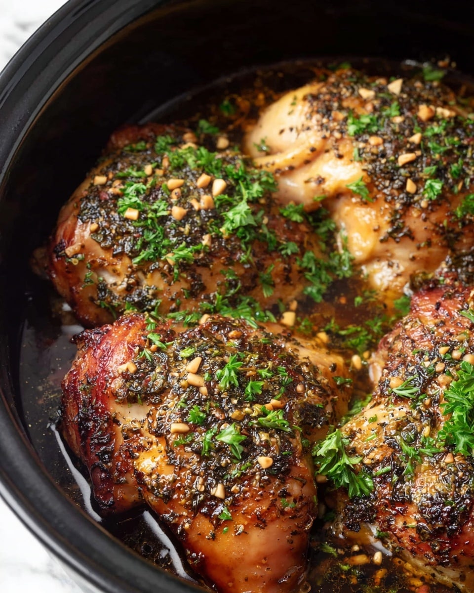 Three pieces of baked chicken with golden brown skin sit closely together in a black cooking pot. Each chicken piece is topped with a thick layer of mixed black and green herbs, creating a textured, speckled appearance. Small chopped nuts or seeds are scattered lightly over the chicken and around it in the cooking liquid, which is dark and shiny with some oily sheen. Bright green chopped parsley is sprinkled generously on top, adding a fresh contrast to the warm, rich colors of the chicken and herbs. The black pot contrasts with a white marbled surface in the background. photo taken with an iphone --ar 4:5 --v 7
