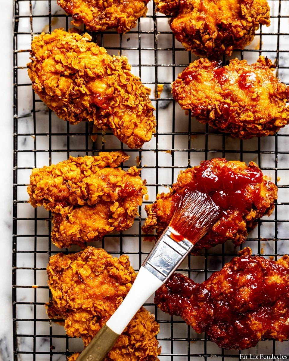 The image shows several pieces of crispy fried chicken arranged on a black cooling rack over a white marbled surface. The chicken pieces are golden brown with a rough, crunchy texture. Some pieces are plain, while others are being brushed with a thick, shiny red sauce using a white brush with a silver ferrule, creating a glossy layer on top. The pieces vary in size and shape, evenly spaced across the rack. Photo taken with an iphone --ar 4:5 --v 7