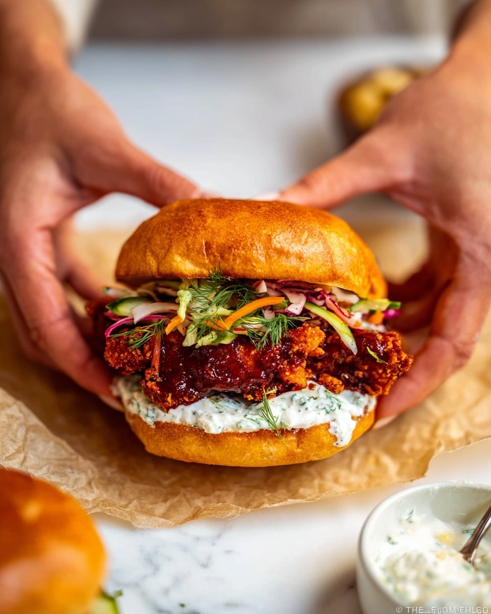 A crispy fried chicken sandwich is shown with a shiny golden-brown toasted bun on top, layered with a pile of thinly sliced white and orange pickled vegetables, bright green cilantro leaves, and thin round cucumber slices. Below the vegetables is a thick piece of dark golden fried chicken covered in a sticky dark red sauce. Under the chicken, there is a spread of creamy white sauce with green herbs on the bottom half of the bun. The sandwich sits on a piece of light beige parchment paper on a white marbled surface. In the background, two more similar sandwiches are seen on a white plate. Photo taken with an iphone --ar 4:5 --v 7