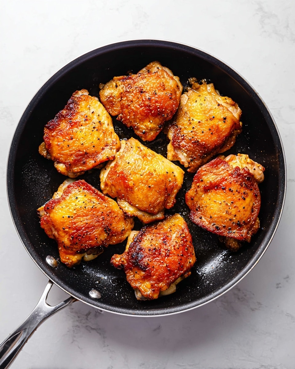A black frying pan with a silver handle holds seven pieces of cooked chicken thighs. Each chicken piece has a golden-brown crispy skin with small black pepper specks and a slightly uneven texture showing a mix of smooth and crunchy burnt edges. The chicken pieces are arranged closely but do not overlap, covering most of the pan's bottom. The pan rests on a white marbled surface with subtle light gray veins. photo taken with an iphone --ar 4:5 --v 7