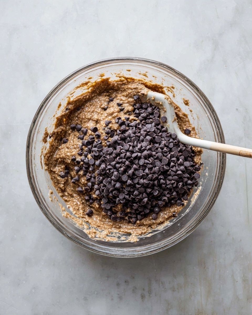 A clear glass bowl sits on a white marbled surface filled with a thick, lumpy brown batter mixed with small chunks. On top of the batter is a large pile of small dark chocolate chips. A white wooden spatula is placed in the bowl on the right side, partially dipped in the batter near the chocolate chips. The lighting is soft and natural, highlighting the textures and colors inside the bowl. photo taken with an iphone --ar 4:5 --v 7
