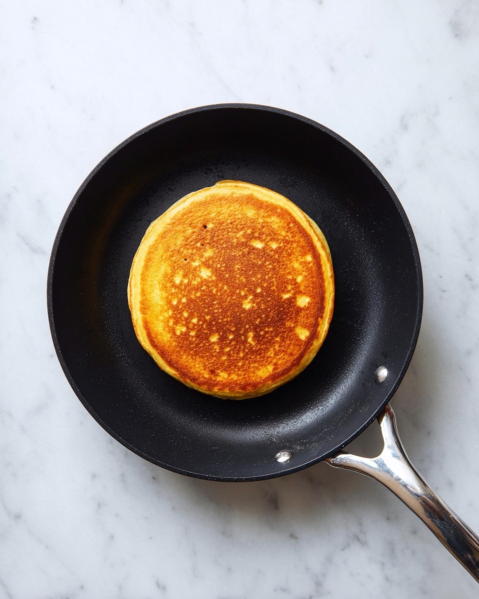 A single thick, round pancake with a golden brown color is centered in a black frying pan with a silver handle. The pancake’s surface shows a slightly uneven texture with some darker spots, indicating it is cooked well on one side. The pan rests on a white marbled surface, creating a clean and simple background. Photo taken with an iphone --ar 4:5 --v 7