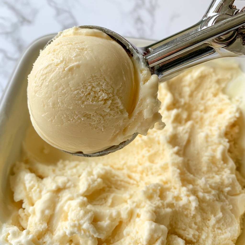 Three scoops of pale yellow ice cream with a soft, creamy texture sit inside a small brown bowl. The bowl rests on a white decorative plate with an embossed pattern, which is placed on a larger plain white plate. Both plates are set on a white marbled surface. Around the plates, there are two whole ripe mangoes visible with yellow and red skin, and a wooden spoon and a gold-colored fork lie nearby. The scene is softly lit, focusing on the texture of the ice cream and the natural look of the fruit. photo taken with an iphone --ar 4:5 --v 7