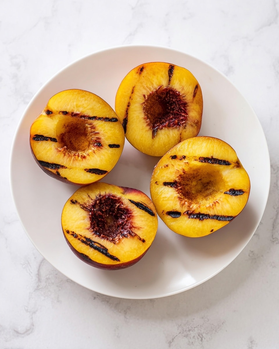 A white plate holds four halves of grilled peaches, each with dark brown grill marks crossing their yellow-orange flesh. The peaches have hollowed centers where the pits used to be, showing a textured, reddish-brown inside. The plate is placed on a white marbled surface, giving a clean and bright background. Photo taken with an iphone --ar 4:5 --v 7