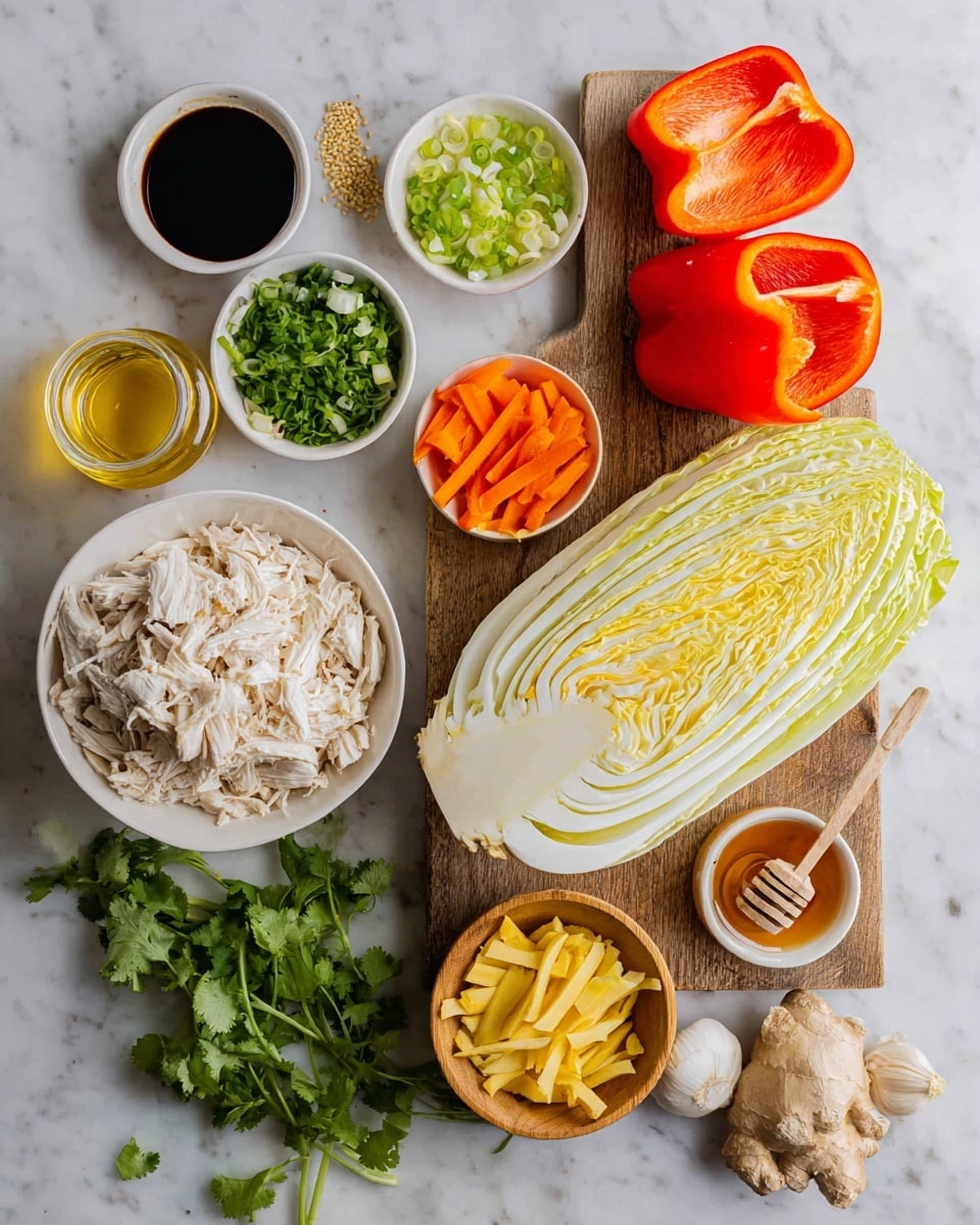 A top view shows several ingredients laid out on a wooden board and white marbled surface. On the wooden board, there is a large half napa cabbage showing layers of pale yellow and white leaves on the right side. Nearby, two halves of a bright red bell pepper with smooth inner walls sit side by side. Around them, a white bowl full of chopped green scallions, a clear bowl with thin orange carrot sticks, a wooden bowl containing light yellow crispy strips, and a beige bowl filled with shredded white chicken are arranged. On the white marbled surface surrounding the board, there are fresh cilantro sprigs, a whole garlic bulb, ginger slices, and small white pitchers with dark, light brown, and golden sauces. Nearby is a round glass container with golden oil and a glass jar with honey and a wooden dipper. photo taken with an iphone --ar 4:5 --v 7