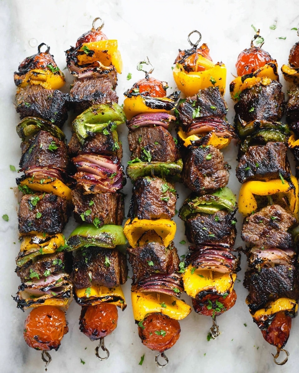 Several grilled skewers lie flat on a white marbled surface, each skewer layered with chunks of dark brown grilled meat, bright yellow grilled pepper pieces with char marks, green bell pepper slices, reddish-orange grilled tomatoes, and pieces of light purple onion with some charred edges. The layers repeat closely along the metal skewers, and small bits of green herbs are sprinkled on top for garnish. The textures show grill marks on the vegetables and meat, giving a smoky and slightly crisp look. Photo taken with an iphone --ar 4:5 --v 7