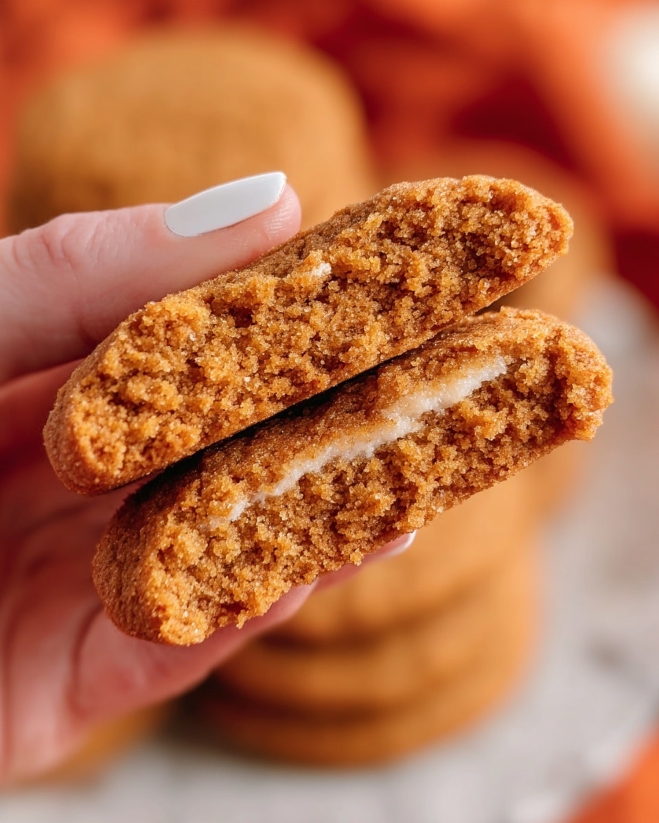 A close-up image of a two-layer gingerbread cookie being held by a woman's hand with white nail polish, showing the soft, moist, and crumbly texture inside and a slightly rough, orange-brown outer crust. The background features more gingerbread cookies and blurred orange tones, all placed on a white marbled surface. photo taken with an iphone --ar 4:5 --v 7