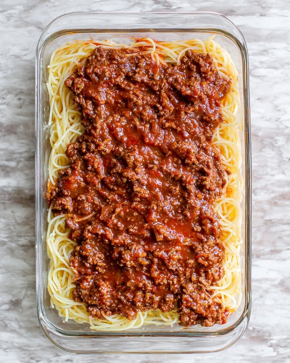The image shows a clear glass rectangular dish filled with two visible layers of food. The bottom layer consists of pale yellow spaghetti noodles spread evenly across the dish, their thin strands slightly tangled. On top is a thick layer of dark reddish-brown meat sauce with small chunks and a moist texture, covering most of the noodles but leaving some edges exposed. The dish is placed on a surface with a white marbled texture. Photo taken with an iphone --ar 4:5 --v 7