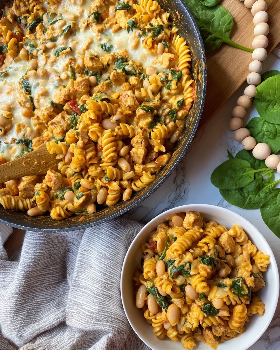 A close-up view shows a black skillet filled with rotini pasta cooked in a creamy orange sauce with melted white cheese on top, mixed with small green spinach leaves, white beans, and chunks of light brown cooked chicken, all layers blending together with a slight shine from the sauce. Next to it is a white bowl containing a serving of the same pasta mix, showing the spiral-shaped noodles and colorful ingredients clearly, placed on a folded light gray and white striped cloth. The background features a wooden surface with scattered green spinach leaves and a string of round wooden beads, all on a white marbled texture. photo taken with an iphone --ar 4:5 --v 7