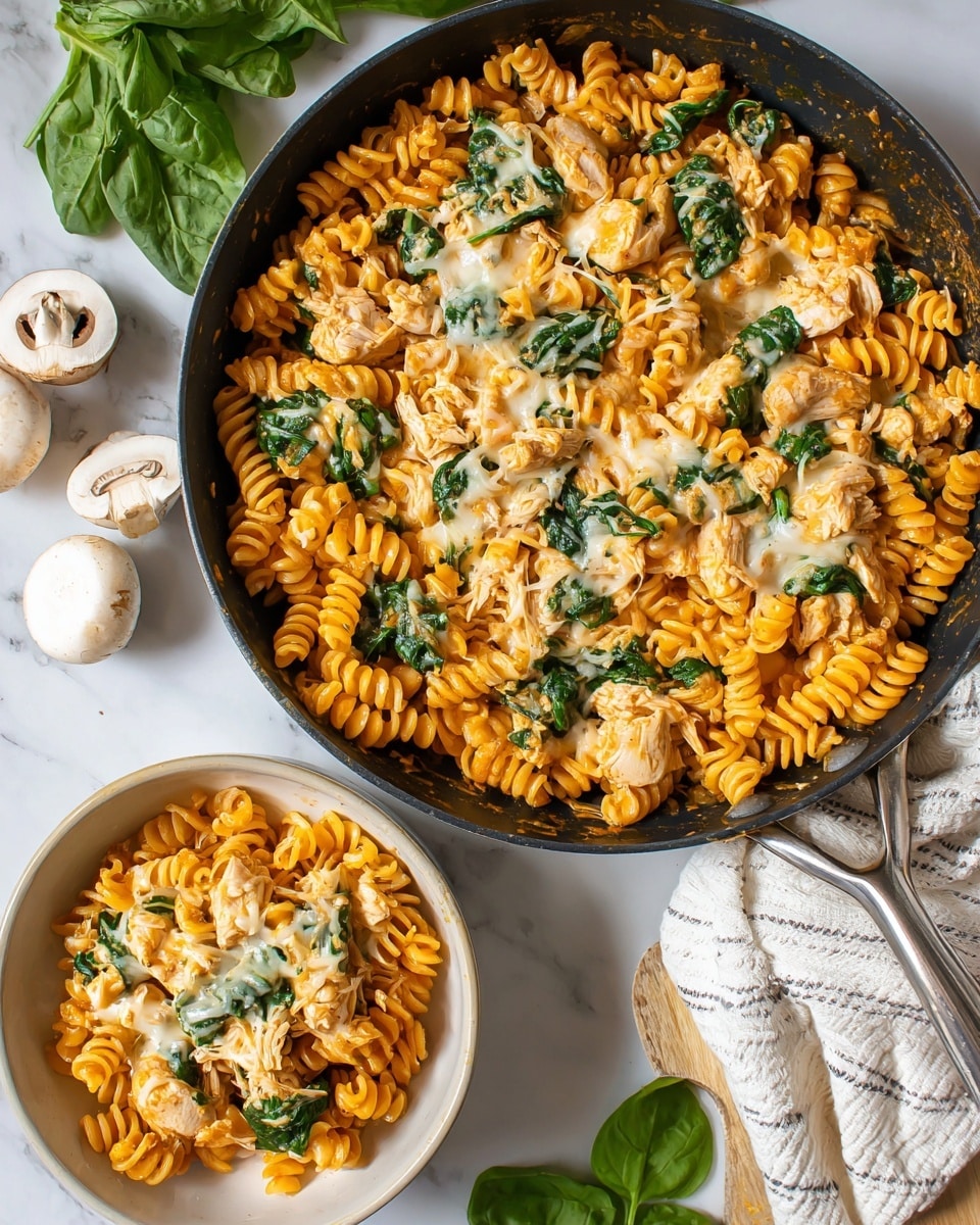 The image shows a close-up of a black pan filled with rotini pasta mixed with white beans, chunks of cooked chicken, fresh green spinach leaves, and melted cheese on top. The pasta sauce is a light orange color, coating the spiral pasta evenly. Next to the pan, there is a white bowl with a serving of the same pasta mixture. Around the pan and bowl, small fresh spinach leaves and white mushrooms lay on a white marbled surface covered partially by a light-textured cloth with stripes. The scene is bright and inviting, showing the details and textures of the melted cheese, tender chicken, and pasta clearly. photo taken with an iphone --ar 4:5 --v 7