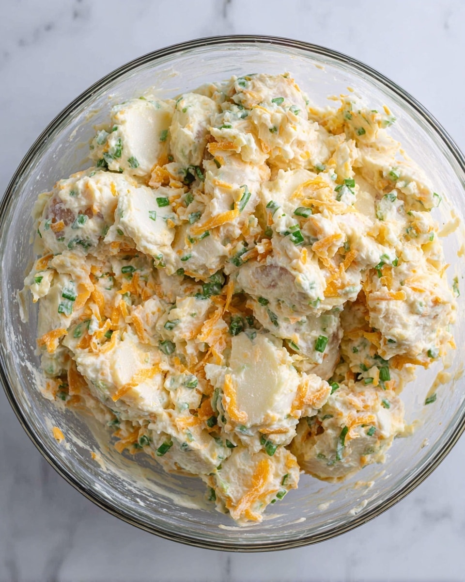 A clear glass bowl filled with a creamy potato salad that has visible chunks of white potatoes mixed with small pieces of green herbs and shredded orange cheese spread evenly throughout, creating a soft and textured appearance with some areas showing smooth blending. The bowl is placed on a white marbled surface, and the salad looks fresh and lightly seasoned. photo taken with an iphone --ar 4:5 --v 7