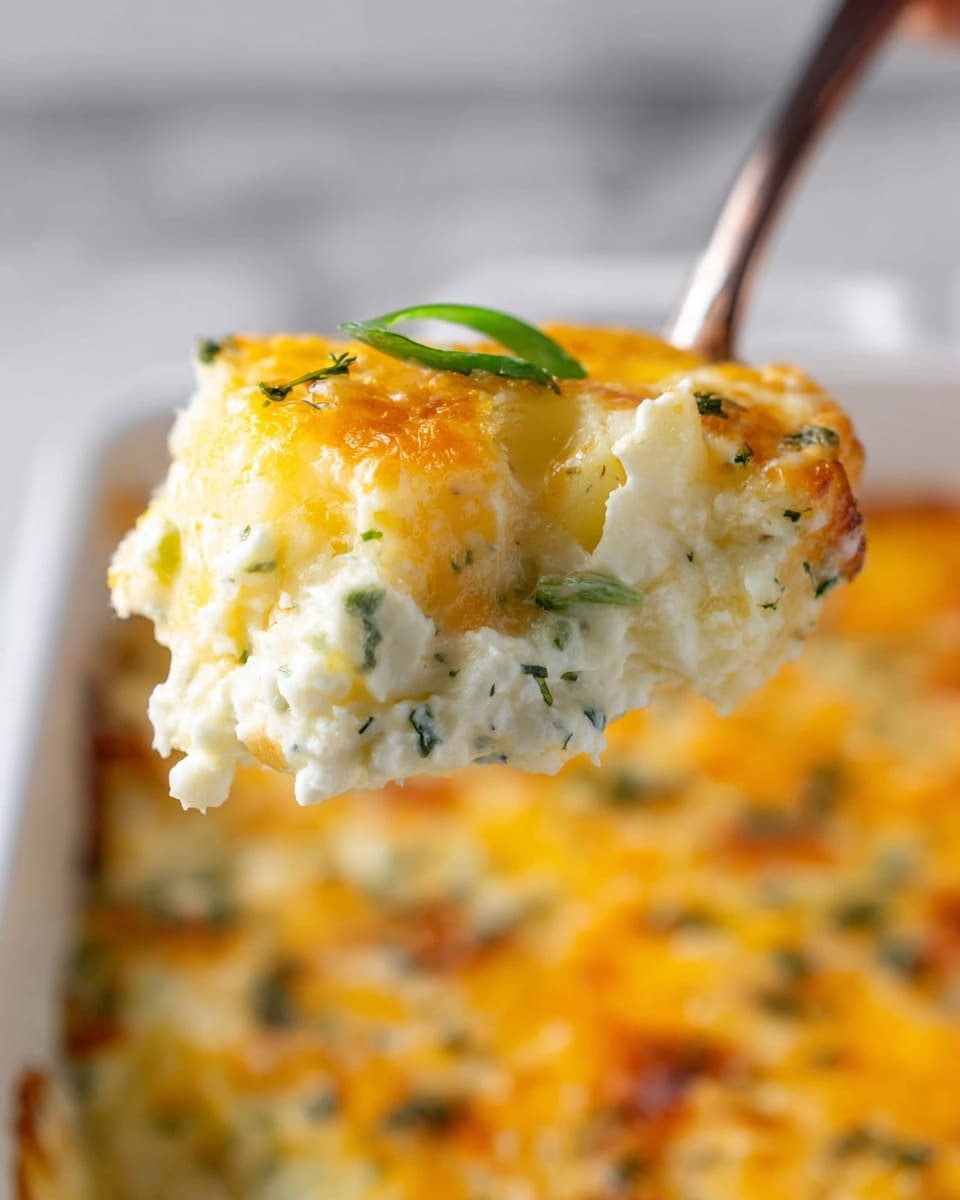 A close-up view of a creamy baked dish held by a woman's hand with a spoon showing three layers: a top layer of melted golden-yellow cheese with a slightly crispy texture, a middle fluffy white creamy layer with small green herb pieces scattered inside, and a bottom layer of soft yellow chunks that look like potatoes. The dish is served in a white container, with a white marbled surface in the background. The texture looks soft and rich with a fresh green onion slice on top. photo taken with an iphone --ar 4:5 --v 7