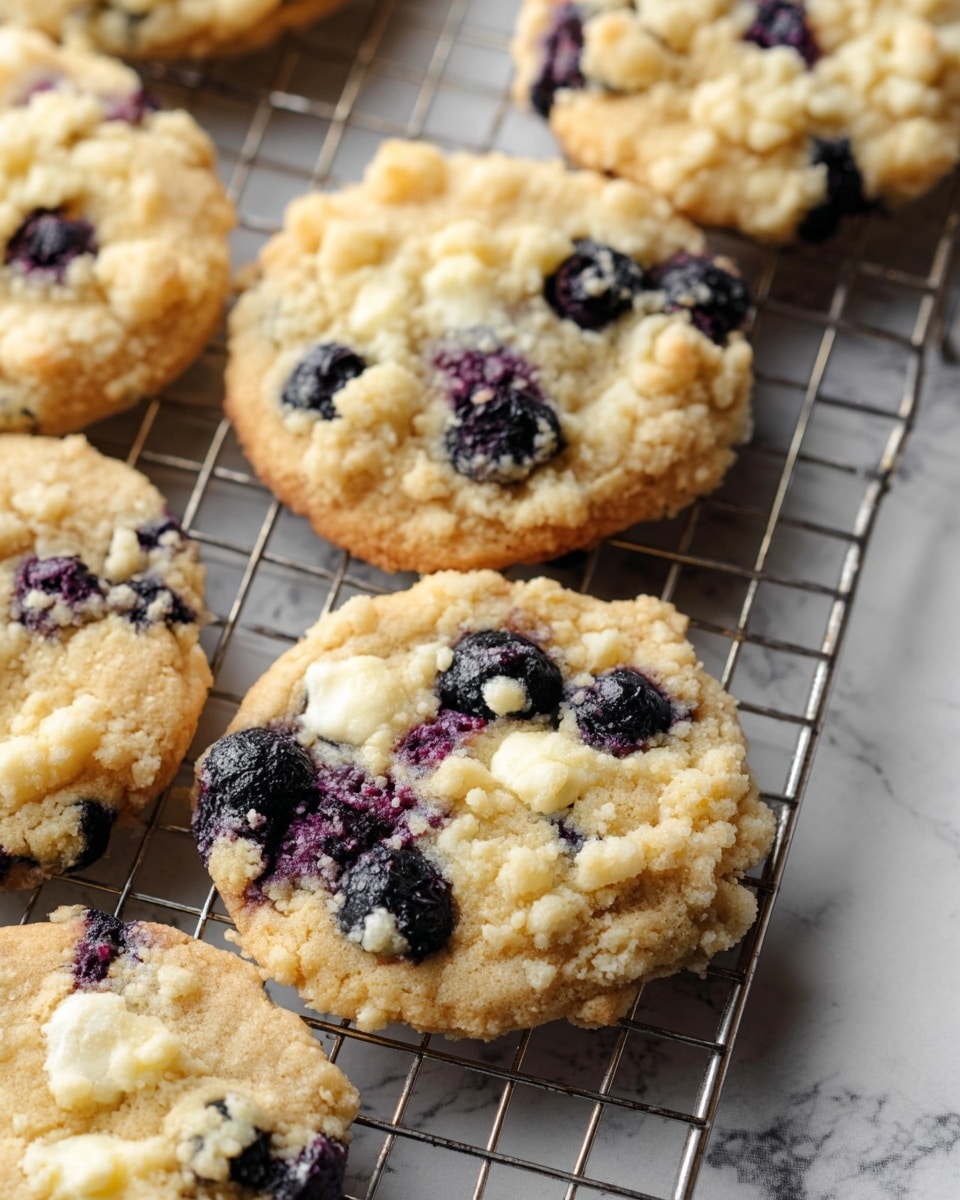 The image shows several round cookies cooling on a silver wire rack over a white marbled surface. Each cookie has two layers: a golden-brown base that looks soft and slightly crispy at the edges, and a crumbly, pale yellow crumb topping scattered unevenly over the top. Dark purple blueberries are embedded in both layers, visible on the surface and sides of the cookies, giving pops of color and texture contrast. The scene is close-up, focusing on the texture of the crumb topping and the plump berries with a soft background. photo taken with an iphone --ar 4:5 --v 7