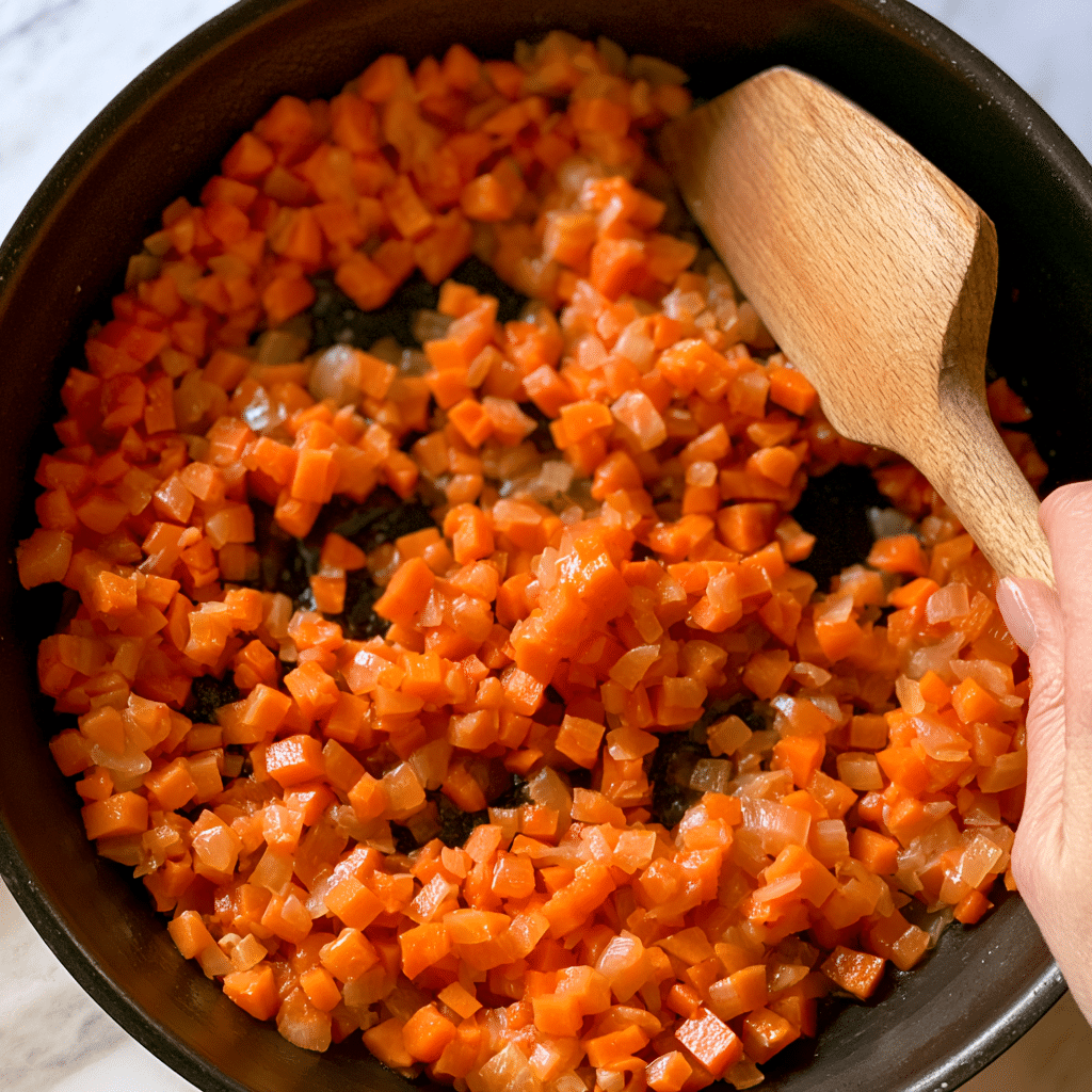 A black pan filled with finely chopped bright orange carrots and translucent cooked onions scattered evenly across the bottom, showing a slight shine from cooking oil or butter. A woman's hand holds a wooden spatula with a smooth, slightly angled flat edge, resting inside the pan on the right side. The background surface is white marble, softly visible around the pan edges. Photo taken with an iphone --ar 4:5 --v 7