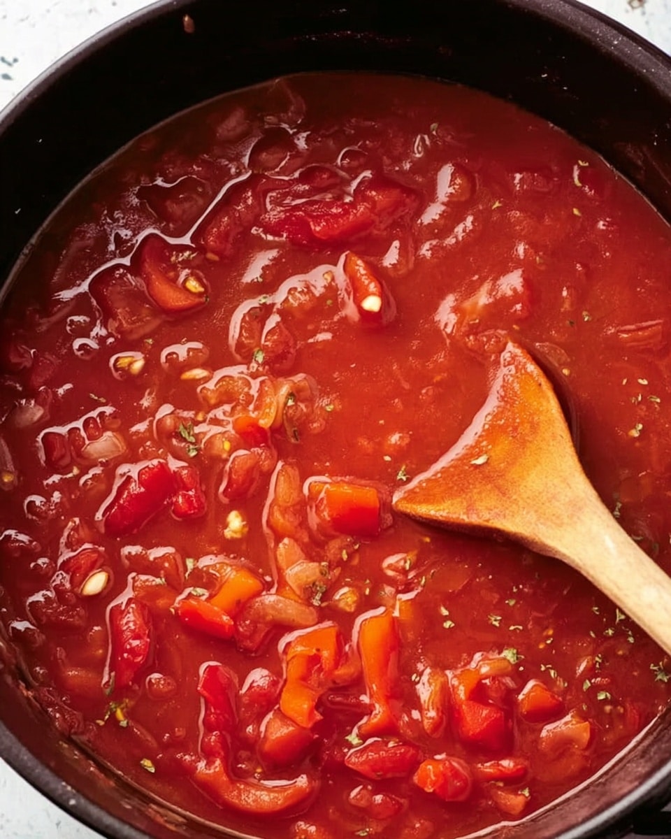A close-up of a black pot filled with a bright red tomato sauce with visible pieces of red bell peppers, diced onions, small bits of garlic, and red chili peppers floating on top, with a wooden spoon stirring the sauce from the right side. The sauce looks thick and glossy with some herbs sprinkled throughout, all seen against a white marbled surface. Photo taken with an iphone --ar 4:5 --v 7