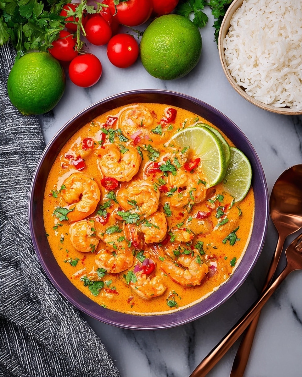 A white plate filled with a creamy orange shrimp curry sauce, mixed with red tomato pieces and green herbs. On top, wedges of lime sit near the edge of the plate. A spoon holds up a spoonful of shrimp and sauce, showing the chunky texture with small bits of red and green. The plate is placed on a white marbled surface, surrounded by fresh green limes and a bunch of bright red cherry tomatoes on the vine. In the background, a white bowl of white rice sits next to a striped cloth. Photo taken with an iphone --ar 4:5 --v 7