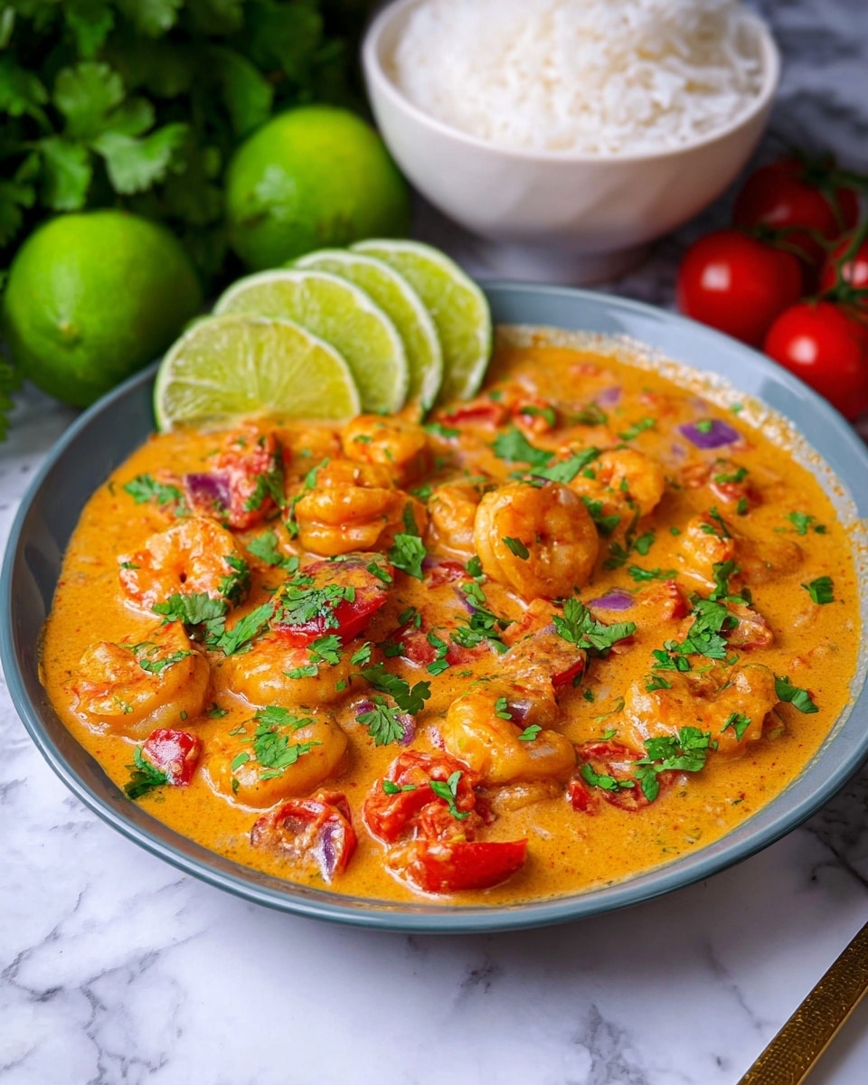 A deep white plate filled with a thick orange curry sauce that covers small shrimp, chopped red tomatoes, and bits of purple onion scattered throughout. Bright green cilantro leaves are sprinkled on top and three lime wedges sit near the edge of the plate. The plate is placed on a white marbled surface, with fresh green limes and a branch of red cherry tomatoes nearby. In the background, a white bowl filled with cooked white rice is slightly out of focus. Photo taken with an iphone --ar 4:5 --v 7
