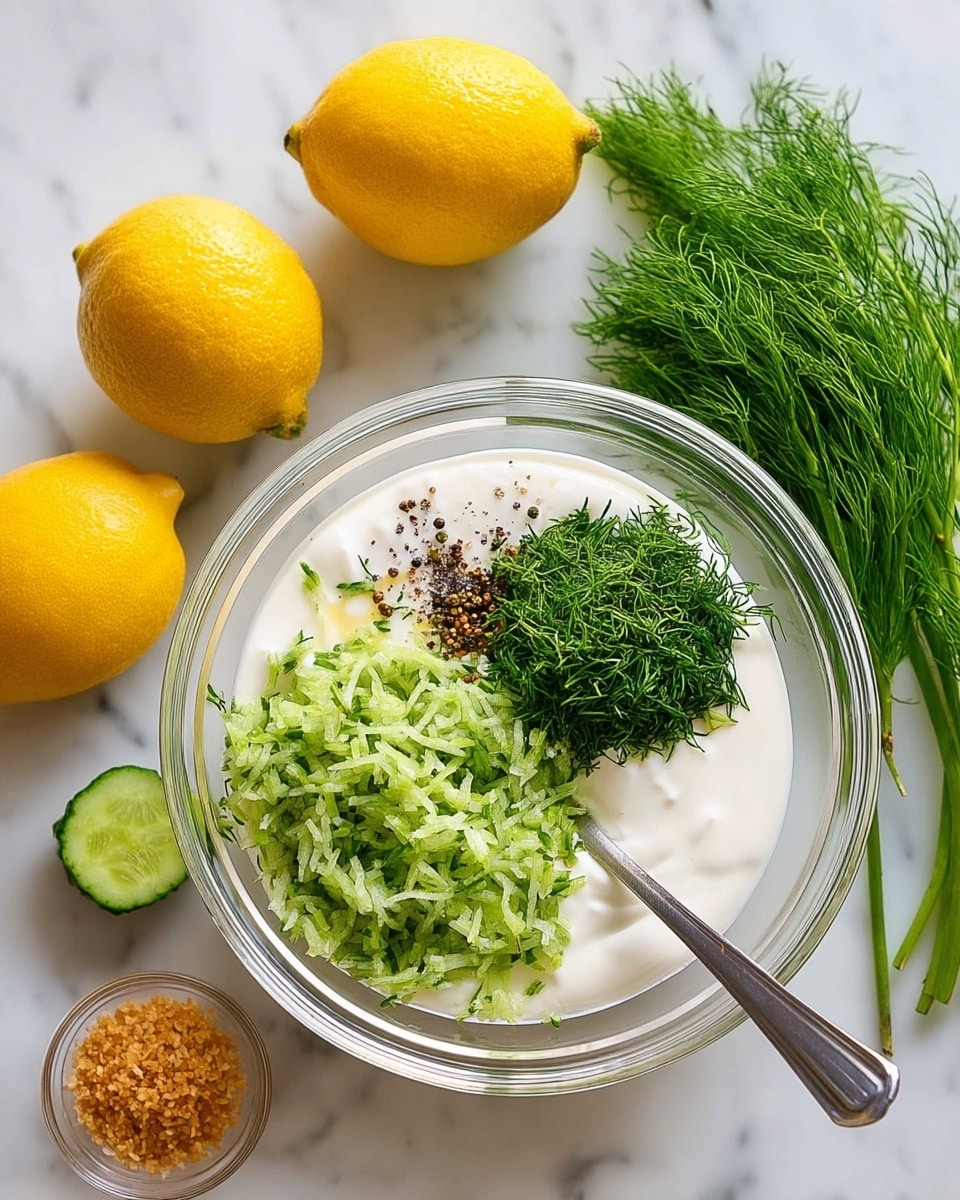 A clear glass bowl sits on a white marbled surface, holding several layers of ingredients for a sauce. The bottom layer is a smooth white yogurt. On top of that, there is a heap of finely grated green cucumber on one side. Next to it, bright green chopped dill rests in a small pile. Scattered over the yogurt in the middle are small brownish black pepper bits and some white salt crystals. A metal spoon stands upright in the bowl, ready for mixing. Around the bowl, there are two bright yellow lemons—one whole and one squeezed—fresh green dill sprigs, a partially cut cucumber with a rough end, and a small glass bowl of light brown granules, all placed on the white marbled surface. Photo taken with an iphone --ar 4:5 --v 7