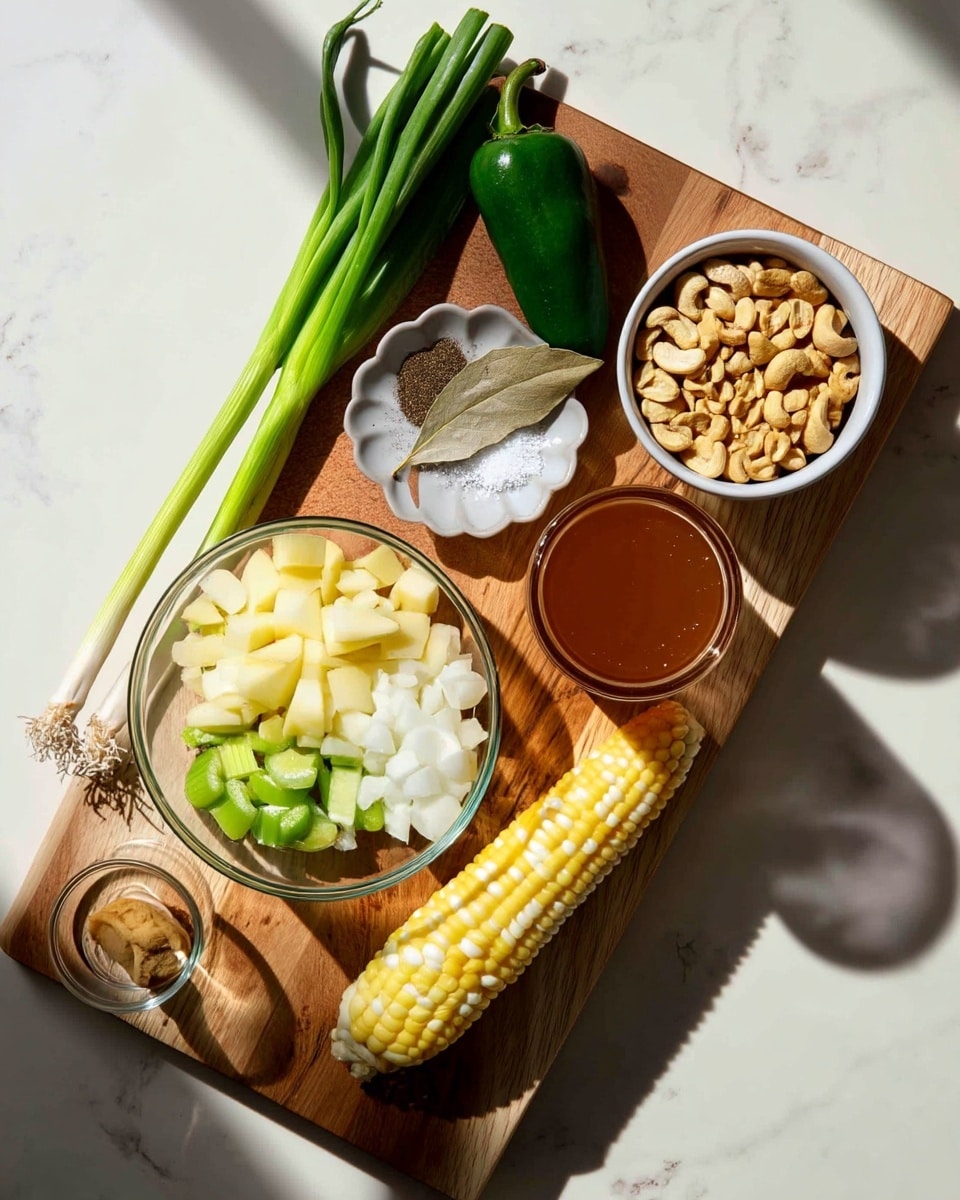 A wooden board on a white marbled surface holds various ingredients arranged neatly: at the top left are fresh green onions and a dark green pepper lying side by side; next to them on the right is a white bowl filled with light brown cashews. Below the green onions and pepper is a small white dish shaped like a flower containing a bay leaf leaf, black pepper, and salt. To the right of this dish is a small glass with brown veggie stock. Below this setup is a clear glass bowl filled with chopped potatoes, white onion, and green celery pieces. To the right of this bowl is a bright yellow corn cob laying horizontally. Below the corn cob, near the bottom left corner, there is a small clear glass containing brown miso paste, and next to it on the right, a small clear glass with off-white flaxmilk. The sunlight creates soft shadows on the white marbled texture beneath the wooden board. photo taken with an iphone --ar 4:5 --v 7
