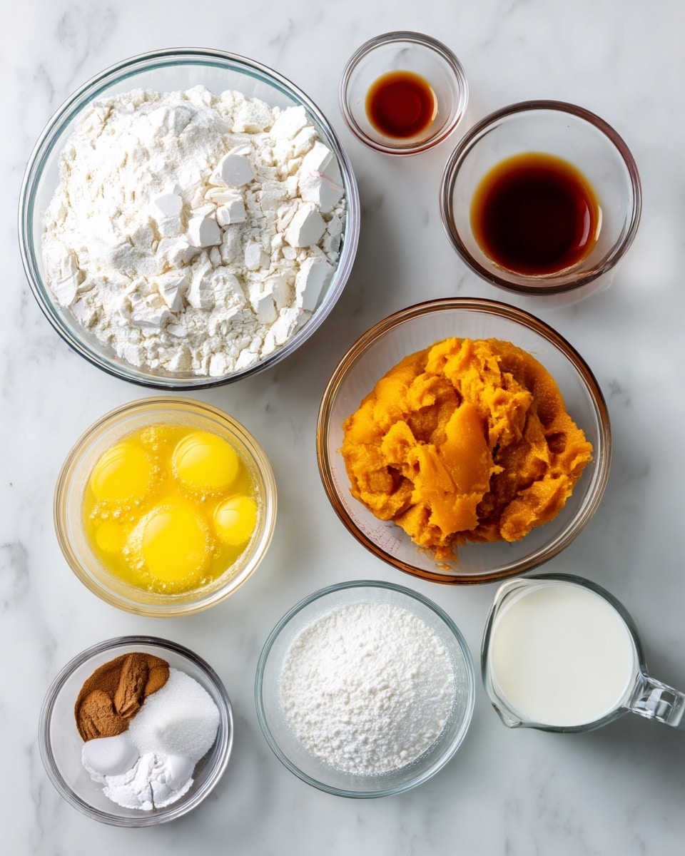 The image shows several clear glass and white bowls on a white marbled surface, each filled with different baking ingredients arranged in a loose grid. The top left bowl holds a large amount of white flour with a crumbly texture. To its right, a small clear glass bowl contains a dark brown liquid. Below the flour, another clear glass bowl contains bright orange pumpkin puree with a smooth but slightly chunky texture. To the right of this is a white bowl filled with yellow beaten eggs that have a few bubbles. Directly below the eggs, a clear bowl holds melted butter with a yellow liquid texture. At the bottom left, a small clear bowl has white granulated sugar, brown cinnamon powder, and a white powder that might be baking soda. The bottom right corner shows a glass measuring cup filled with white milk. The background is a white marbled texture. photo taken with an iphone --ar 4:5 --v 7