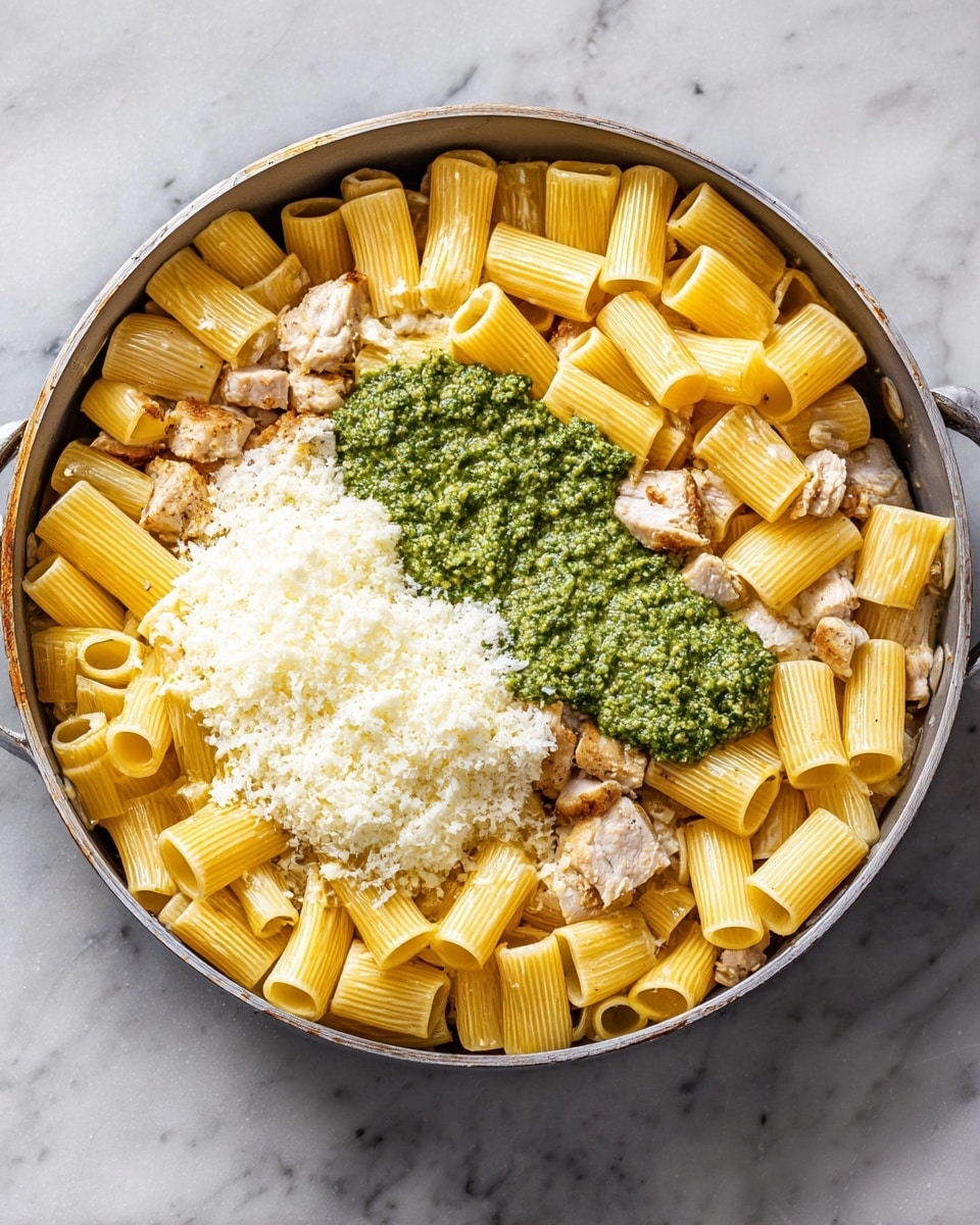 A large gray pan holds three main layers: at the bottom, light brown cooked chicken pieces are visible, topped by a thick layer of pale yellow rigatoni pasta arranged loosely, covering most of the chicken. On top of the pasta, there are two dollops; one bright green pesto with a coarse texture and one white creamy spread next to it, and a mound of finely grated white cheese sits close by, partially covering some pasta. The pan sits on a white marbled surface. photo taken with an iphone --ar 4:5 --v 7
