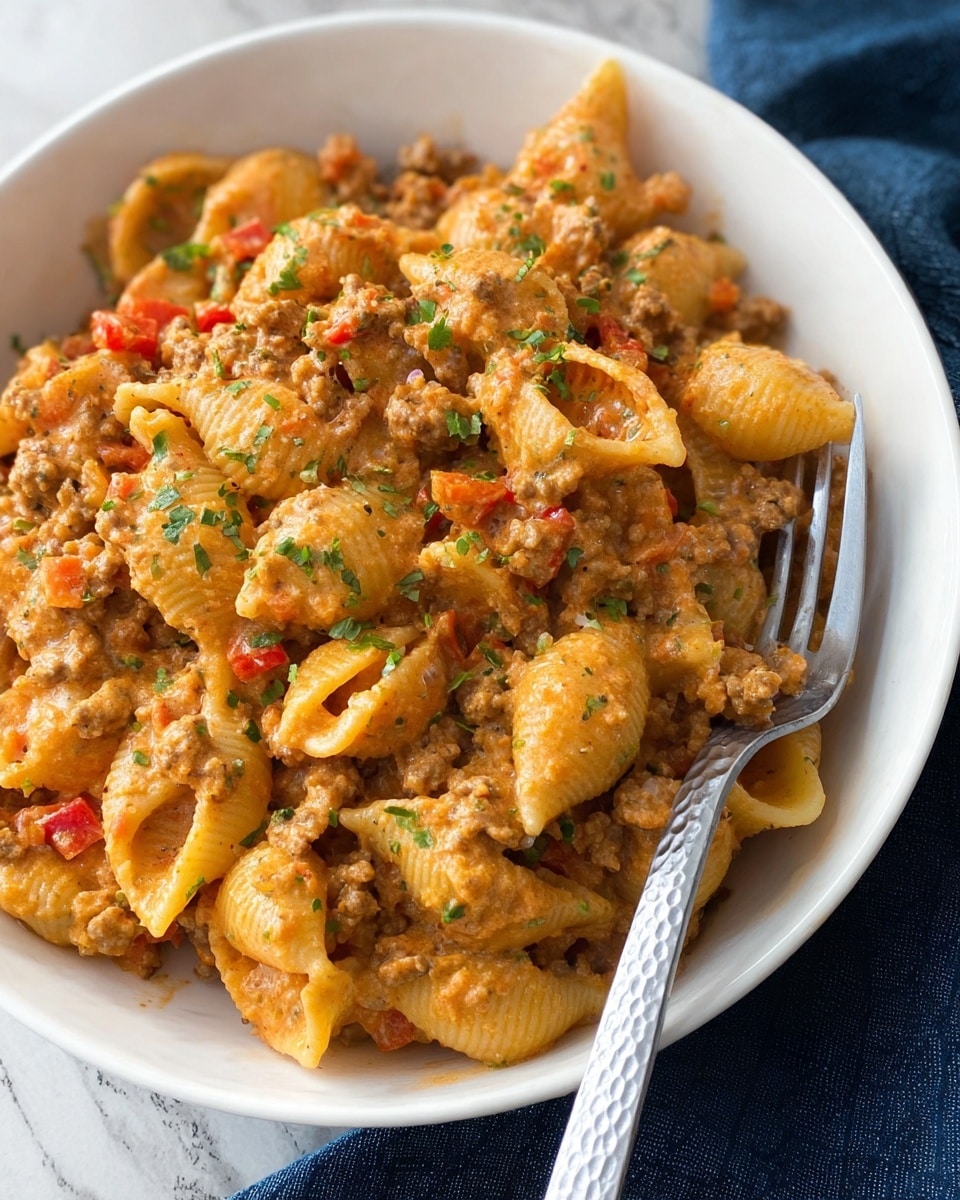 A close-up view of pasta shells covered in a creamy light orange sauce with small pieces of ground meat and diced red peppers mixed in. The pasta is placed inside a white bowl on a white marbled surface, with some finely chopped green herbs sprinkled on top. A fork with a hammered metal texture rests on the edge of the bowl, which is also on top of a dark blue cloth. The image is well lit and shows the texture and colors of the dish clearly photo taken with an iphone --ar 4:5 --v 7