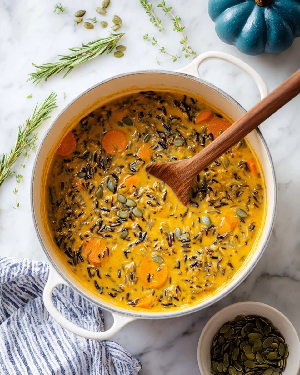 A large white pot holds a thick, creamy orange soup mixed evenly with visible black wild rice grains and small orange vegetable chunks, likely squash or carrots, scattered throughout the dish. A golden spoon lifts some of the soup, showing the creamy texture and a few pumpkin seeds floating on top. Around the pot, there are fresh green rosemary sprigs and a small white bowl filled with pumpkin seeds on a white marbled surface. The edges of the pot show some splashes of the orange soup, adding to the feeling of a fresh, hearty meal. photo taken with an iphone --ar 4:5 --v 7