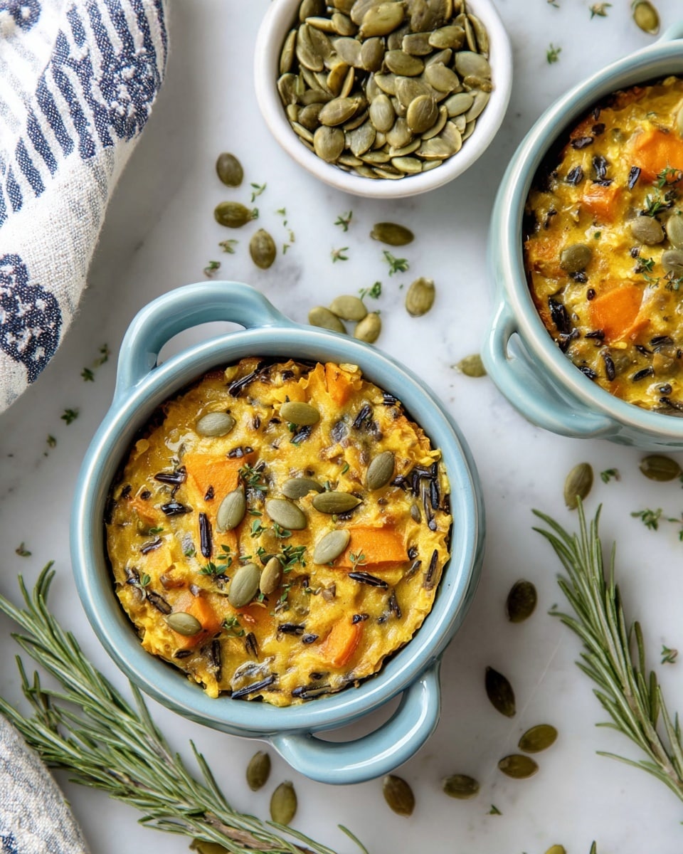 The image shows two small light blue ceramic bowls with handles, each filled with a creamy dish. The dish has a yellow-orange base with visible pieces of orange slices, likely sweet potato, mixed with bits of wild rice giving a black and light beige color contrast through the dish. The top layer is sprinkled with green pumpkin seeds and small chopped green herbs, adding texture and color. Around the bowls, there are scattered pumpkin seeds and fresh rosemary sprigs on a white marbled surface. A white bowl filled with green pumpkin seeds is visible in the upper right corner, and a striped white and navy cloth is partially seen on the left side. photo taken with an iphone --ar 4:5 --v 7