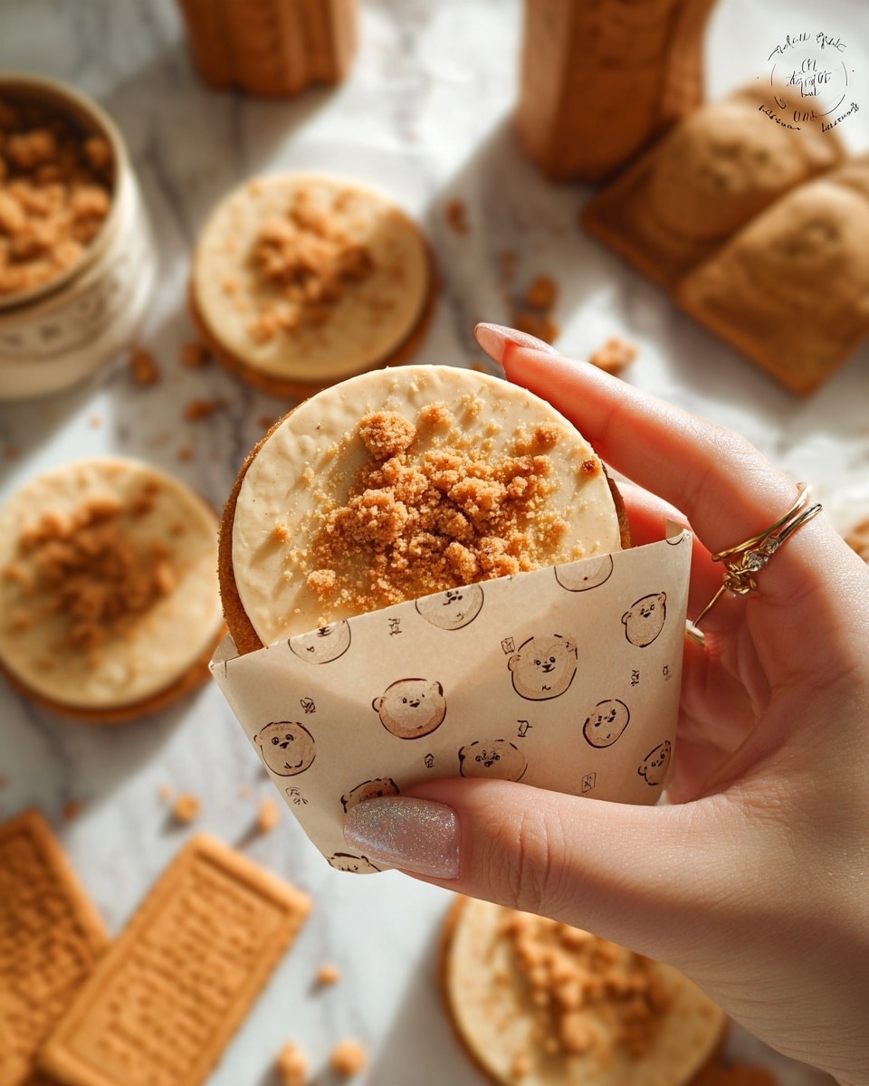 A close-up image shows a round snack held by a woman's hand with manicured nails and rings. The snack has two main layers: a smooth, creamy light tan top layer sprinkled with small chunks of darker crumbled biscuit, and a bottom biscuit layer partly visible wrapped in beige paper with cute bear faces. In the background, there are more round snacks with the same two layers along with rectangular biscuits. All items are placed on a white marbled surface. The lighting is soft and warm, highlighting the textures of the crumbly topping and smooth cream. photo taken with an iphone --ar 4:5 --v 7