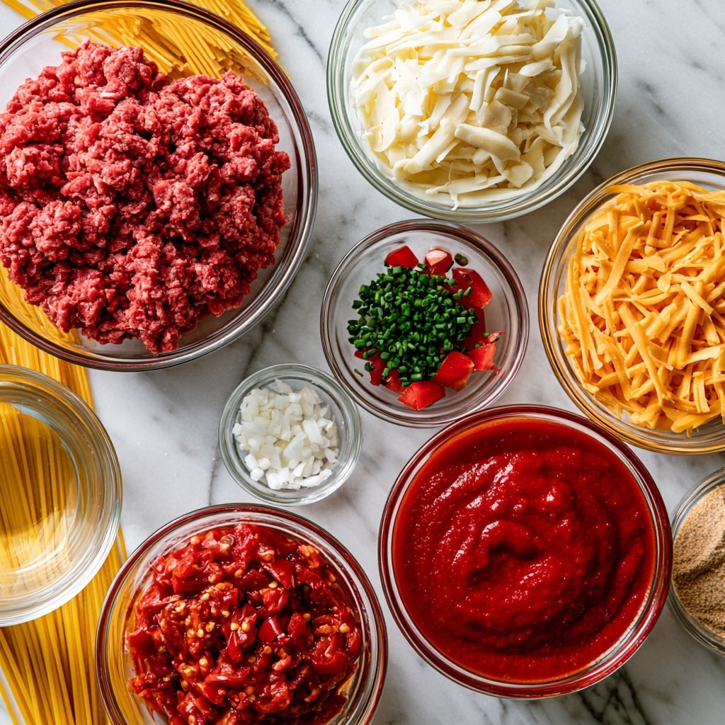 The image shows a top view of several clear glass bowls arranged neatly on a white marbled surface, each holding a different ingredient for a recipe. The largest bowl near the bottom right contains bright red ground beef with a soft texture. To its left, there is a pile of uncooked yellow spaghetti strands spreading diagonally. Above the ground beef, a bowl holds shredded white Monterey cheese with a stringy texture. Left of that, a bowl contains shredded orange cheddar cheese. Above the cheddar cheese, a bowl holds finely chopped green chives. Next to the chives, a bowl contains small red tomato pieces. To the right of the tomato pieces, a bowl is filled with transparent water. Below the water, there is a bowl with chopped white onions. Below the onions, a bowl features red Rotel tomatoes mixed with small bits of red chilies. At the center top, a medium-sized bowl holds a thick red tomato sauce. To the left of the tomato sauce is a small bowl filled with light brown taco seasoning powder. All the elements are well organized, with vibrant, fresh colors that contrast with the white marbled surface. photo taken with an iphone --ar 4:5 --v 7