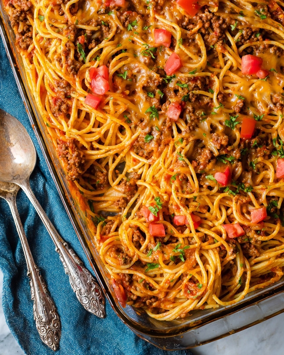 A close-up view of a rectangular glass dish filled with baked spaghetti mixed with ground meat and melted cheese, creating a rich golden brown layer throughout. Scattered on top are small bright red cubes of fresh tomato and finely chopped green herbs, adding color contrast. The spaghetti strands are intertwined and coated with sauce, some parts slightly browned from baking. Two ornate silver serving spoons rest on the left side of the dish on a white marbled surface partially covered by a blue cloth. Photo taken with an iphone --ar 4:5 --v 7