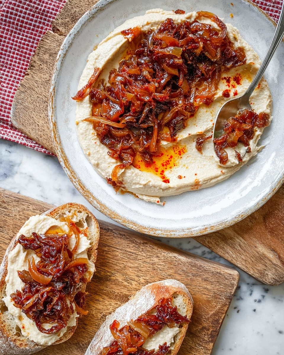 A dish featuring a light beige creamy base spread in a shallow circle on a white plate with a slightly textured surface, topped with a generous layer of dark reddish-brown caramelized onions scattered unevenly in the center, with some oil drippings adding vivid orange spots around the onions; a spoon rests on the right side of the plate, scooping a portion of the creamy base. Below the plate on a white marbled surface, two slices of rustic bread with crusty texture are each spread with the same light beige creamy base and topped with the same dark onion mixture. The bread sits on a wooden board with visible grain, and a small piece of bread with a thick layer of cream and onion is held by a woman's hand, positioned near the plate. Photo taken with an iphone --ar 4:5 --v 7