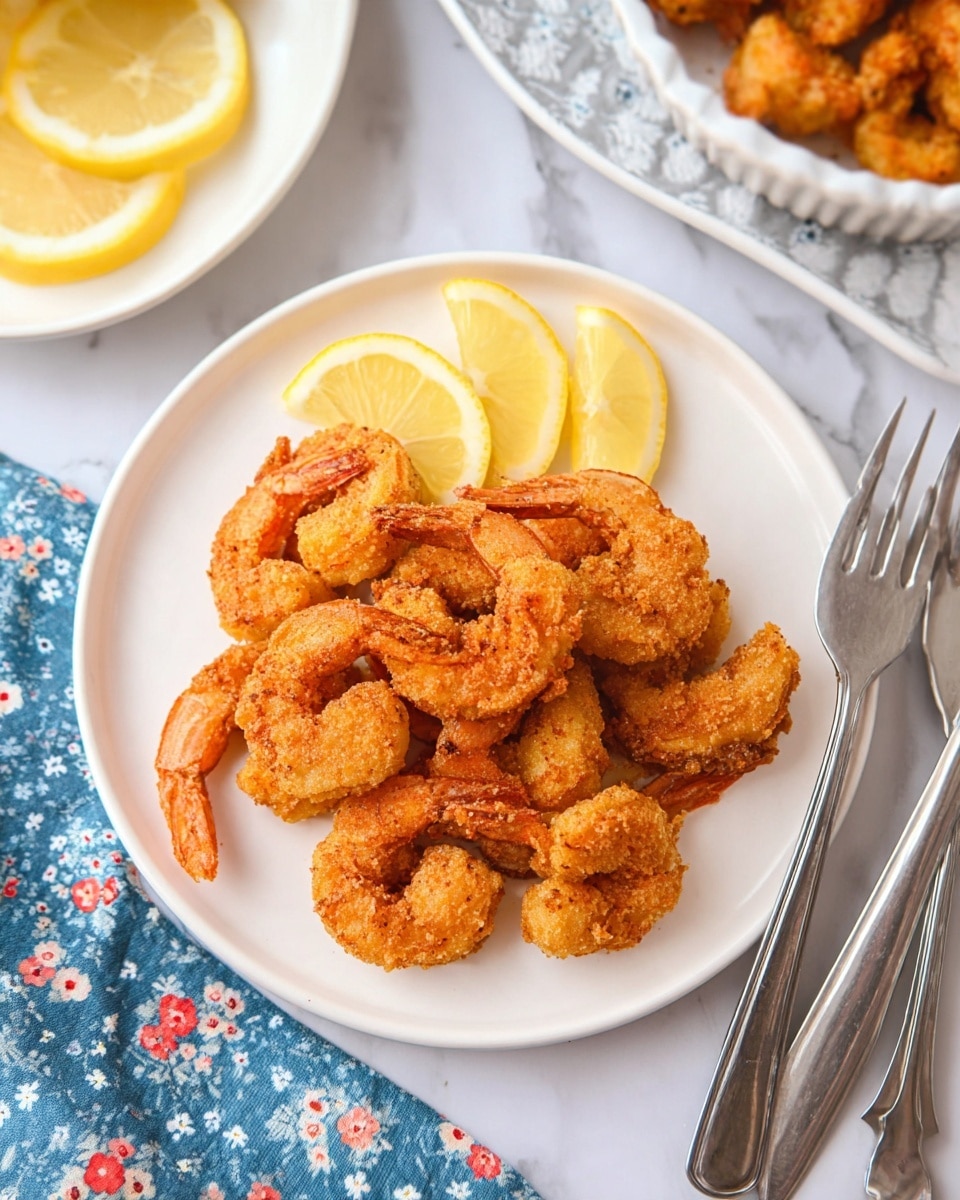 A white plate sits on a white marbled surface with a pile of golden-brown fried shrimp with a crispy texture arranged in the center. Behind the shrimp on the plate, there are three lemon wedges placed together, showing bright yellow color with a juicy look. To the right side of the plate, there are two silver forks crossing each other. Part of another white dish with more fried shrimp is visible in the background, along with lemon wedges scattered on the surface. A blue cloth with small white and red flowers is partly visible in the bottom left corner. Photo taken with an iphone --ar 4:5 --v 7