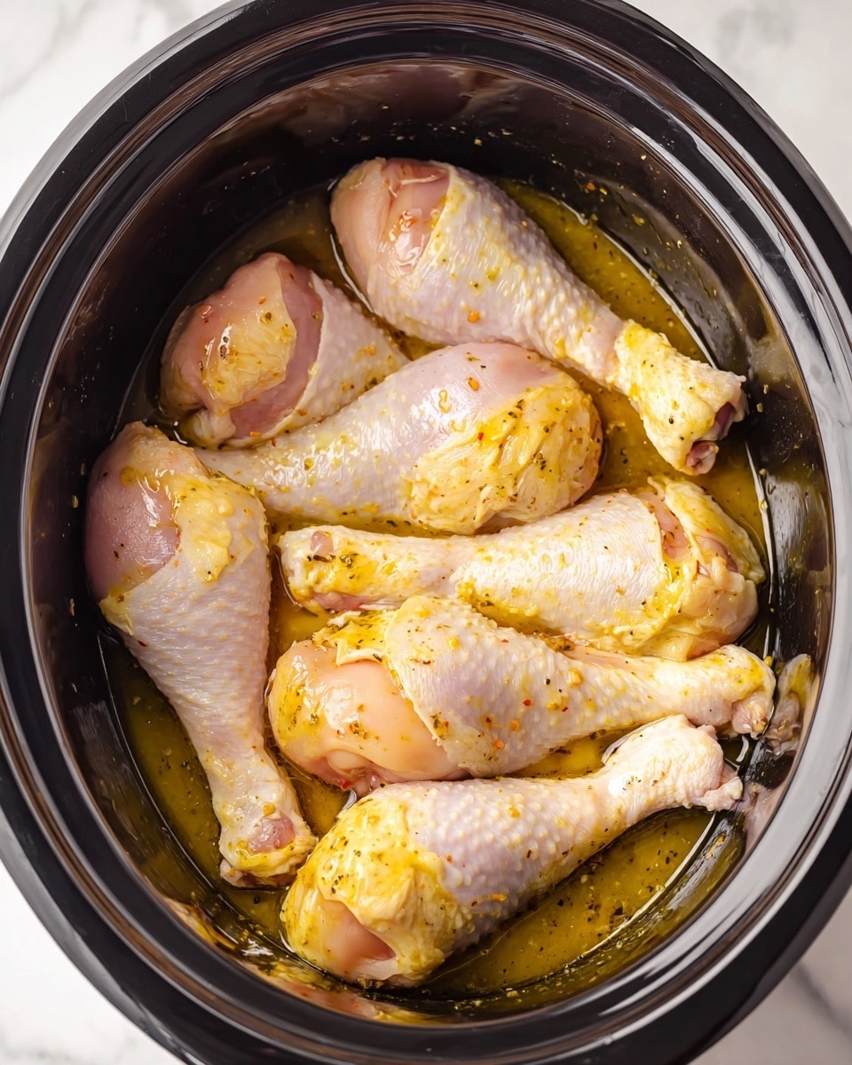 A close-up view inside a black slow cooker shows raw chicken drumsticks placed in a single layer, partially overlapping, coated in a light yellow sauce with visible bits of garlic and pepper. The drumsticks have smooth, pale pink skin with some yellow marinated patches, and are sitting in a shallow pool of the same sauce at the bottom. The background is a white marbled surface. photo taken with an iphone --ar 4:5 --v 7
