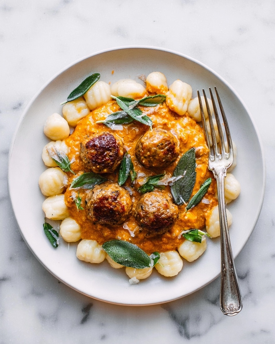 A shiny silver pan filled with a smooth orange sauce as the base layer, evenly spread and slightly thick. On top, there are about sixteen browned meatballs, arranged in a loose grid, each with a crispy texture and sprinkled finely with green herbs. Scattered between the meatballs are whole sage leaves, soft green with a slightly fuzzy texture. The pan sits on a light beige cloth over a white marbled surface. In the background, there is a small white bowl with fresh green herbs. photo taken with an iphone --ar 4:5 --v 7
