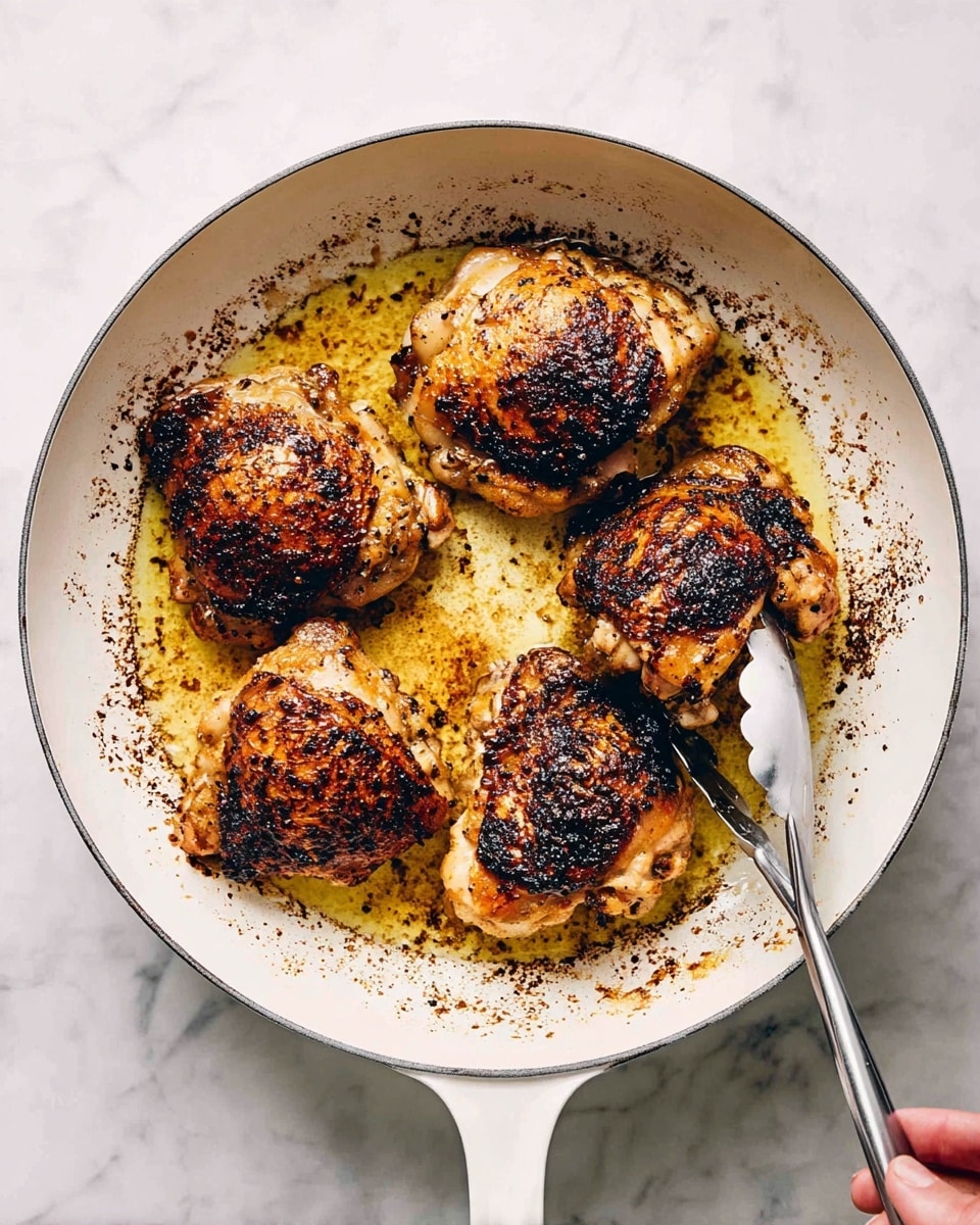A white pan holds five browned chicken thighs with crispy textured skin showing dark golden and black charred spots. The chicken pieces are arranged in a loose circle inside the pan, resting on a layer of golden oil with some dark brown cooked bits around the edges. A silver tong held by a woman's hand is gripping the top right chicken thigh. The pan is placed on a white marbled surface. Photo taken with an iphone --ar 4:5 --v 7
