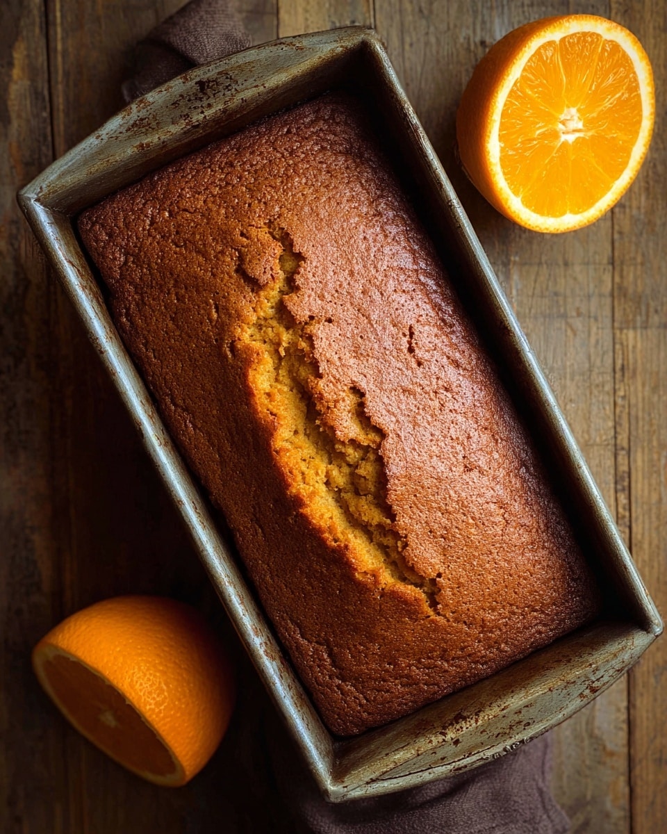 A golden-brown loaf cake in a worn silver baking pan shows a rough cracked top with a textured crust, revealing a lighter orange-brown inside. The pan sits on a wooden surface next to a bright orange half and a whole orange, adding fresh, vibrant color to the scene. Photo taken with an iphone --ar 4:5 --v 7
